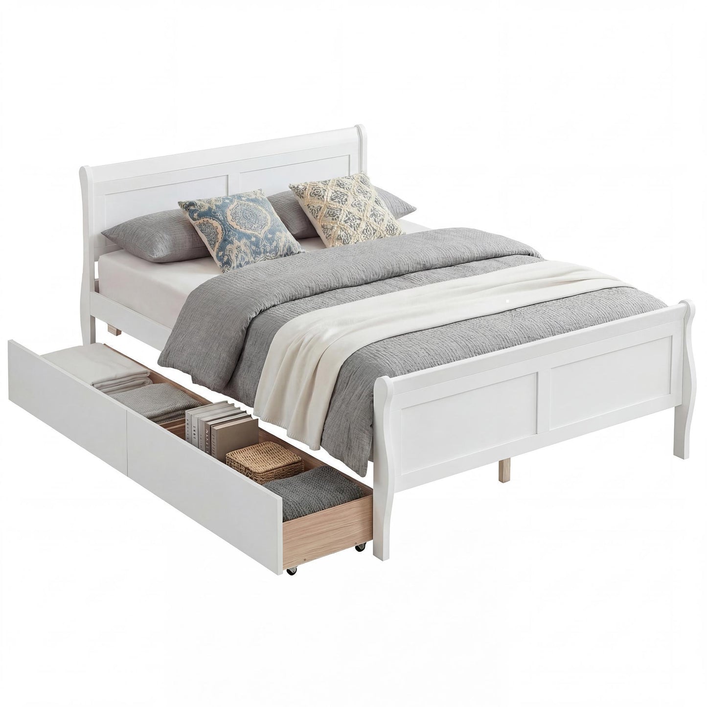 Patiojoy Full Size Bed Frame with 2 Storage Drawers Wood Sleigh Platform Bed Mattress Foundation with Headboard