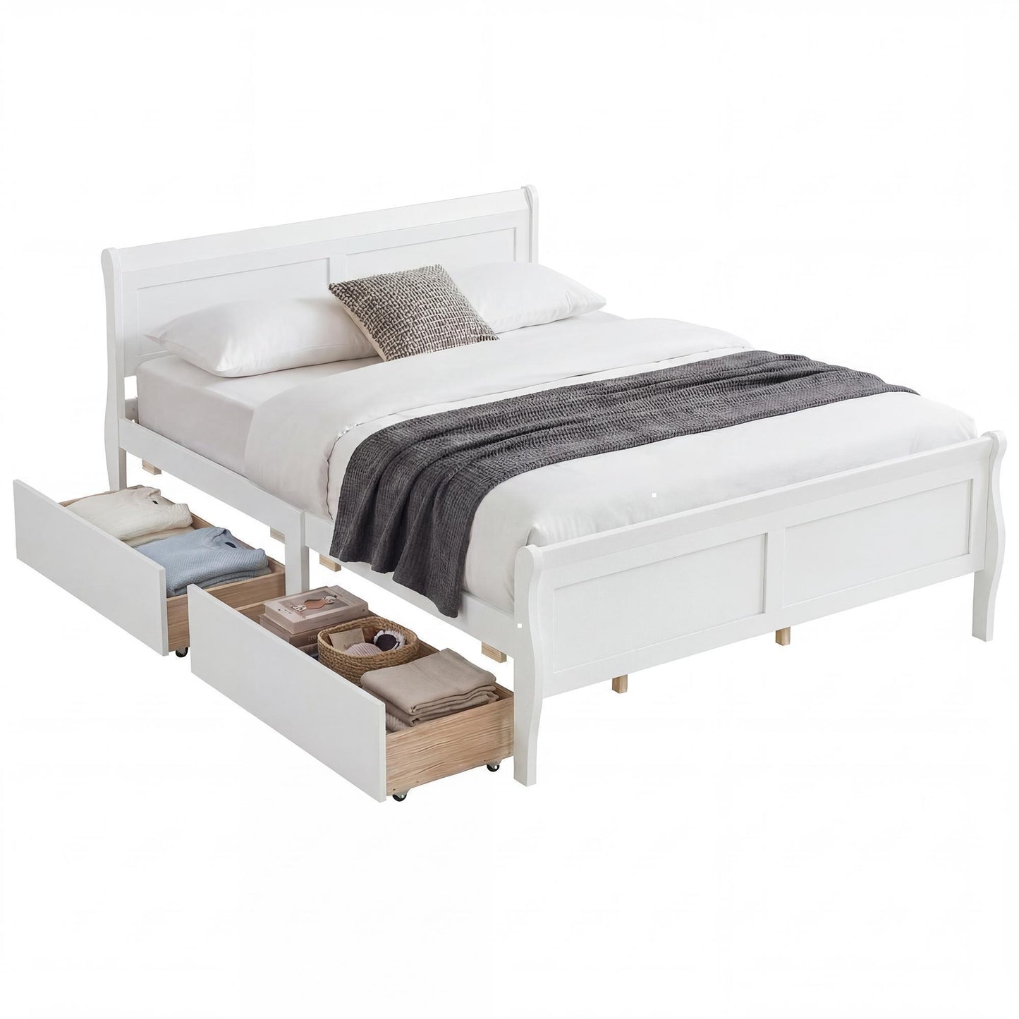 Patiojoy Full Size Bed Frame with 2 Storage Drawers Wood Sleigh Platform Bed Mattress Foundation with Headboard