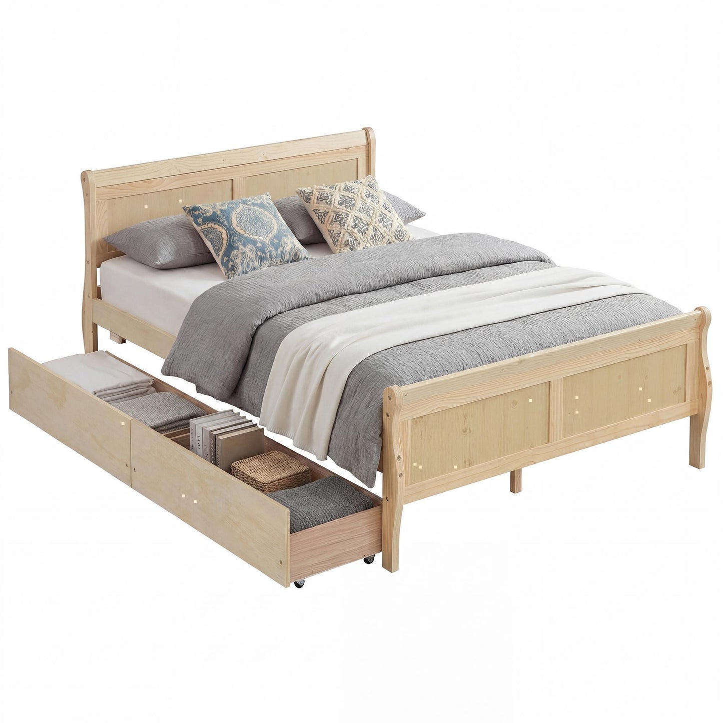 Patiojoy Full Size Bed Frame with 2 Storage Drawers Wood Sleigh Platform Bed Mattress Foundation with Headboard