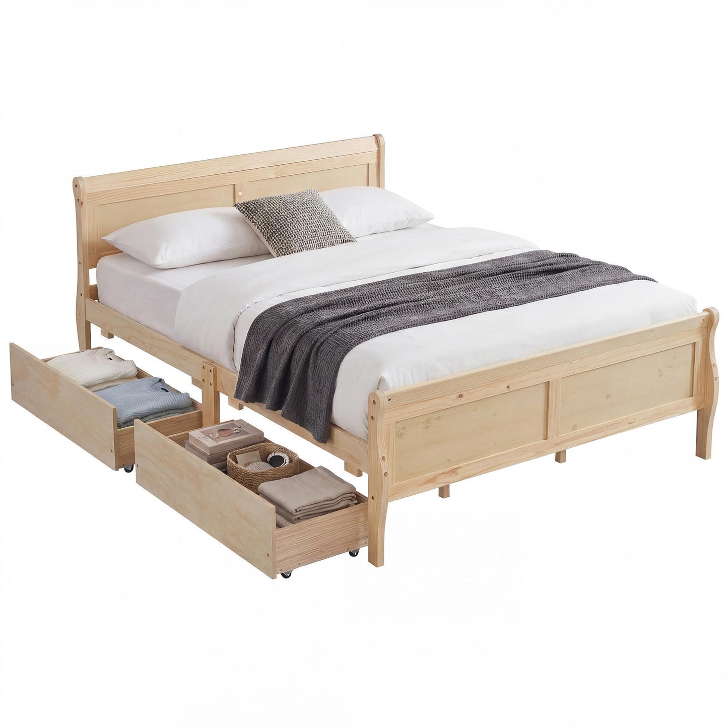Patiojoy Full Size Bed Frame with 2 Storage Drawers Wood Sleigh Platform Bed Mattress Foundation with Headboard