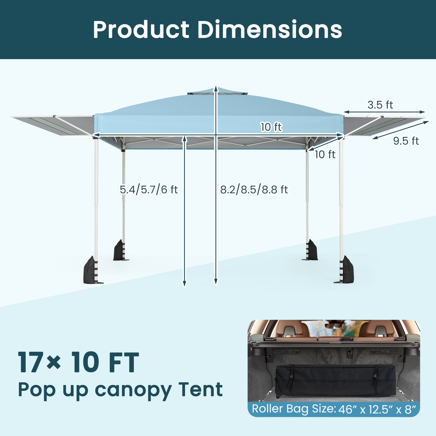 Patiojoy 10 x 17 FT Outdoor Instant Pop-up Canopy Tent One-Person Setup Canopy with Dual Adjustable Awnings