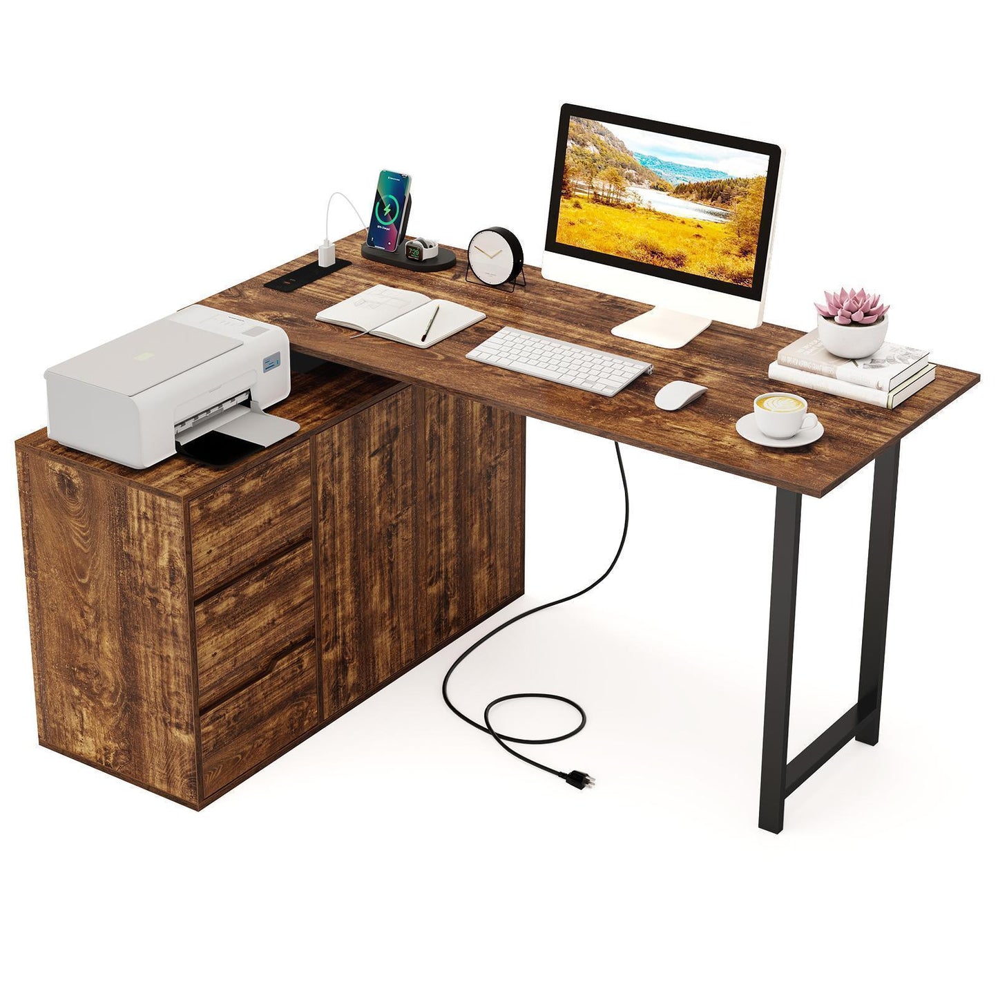 Patiojoy L-Shaped Desk with File Cabinet & Power Outlet 54.5 Inch Reversible Corner Computer Desk with 3 Drawers