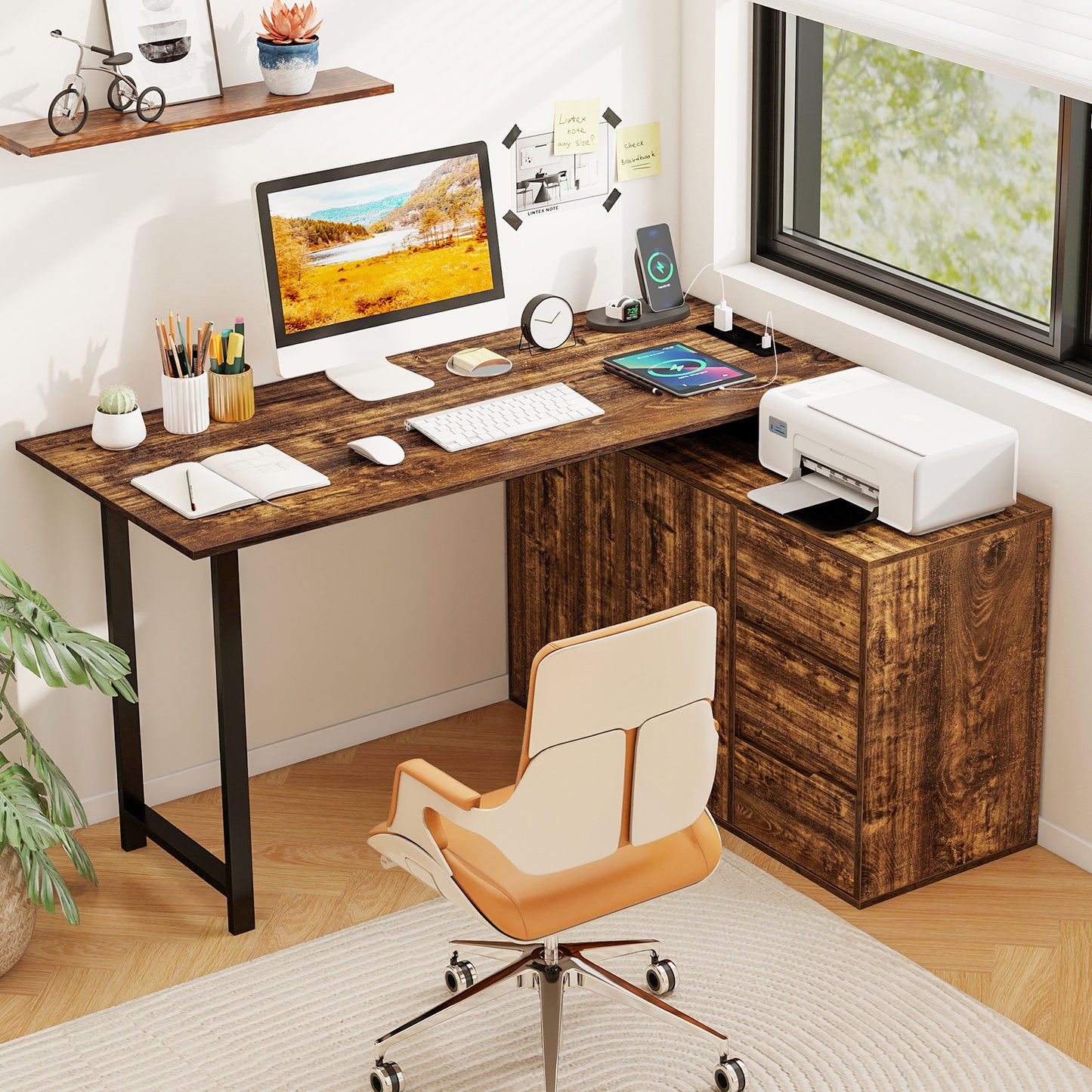 Patiojoy L-Shaped Desk with File Cabinet & Power Outlet 54.5 Inch Reversible Corner Computer Desk with 3 Drawers