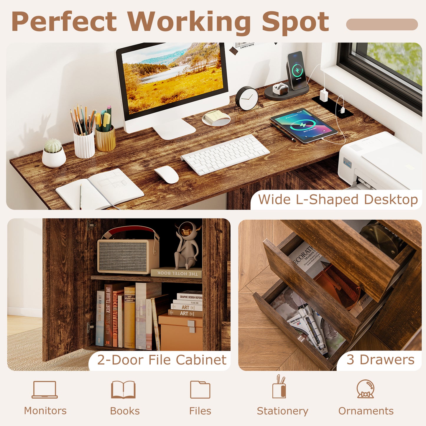 Patiojoy L-Shaped Desk with File Cabinet & Power Outlet 54.5 Inch Reversible Corner Computer Desk with 3 Drawers