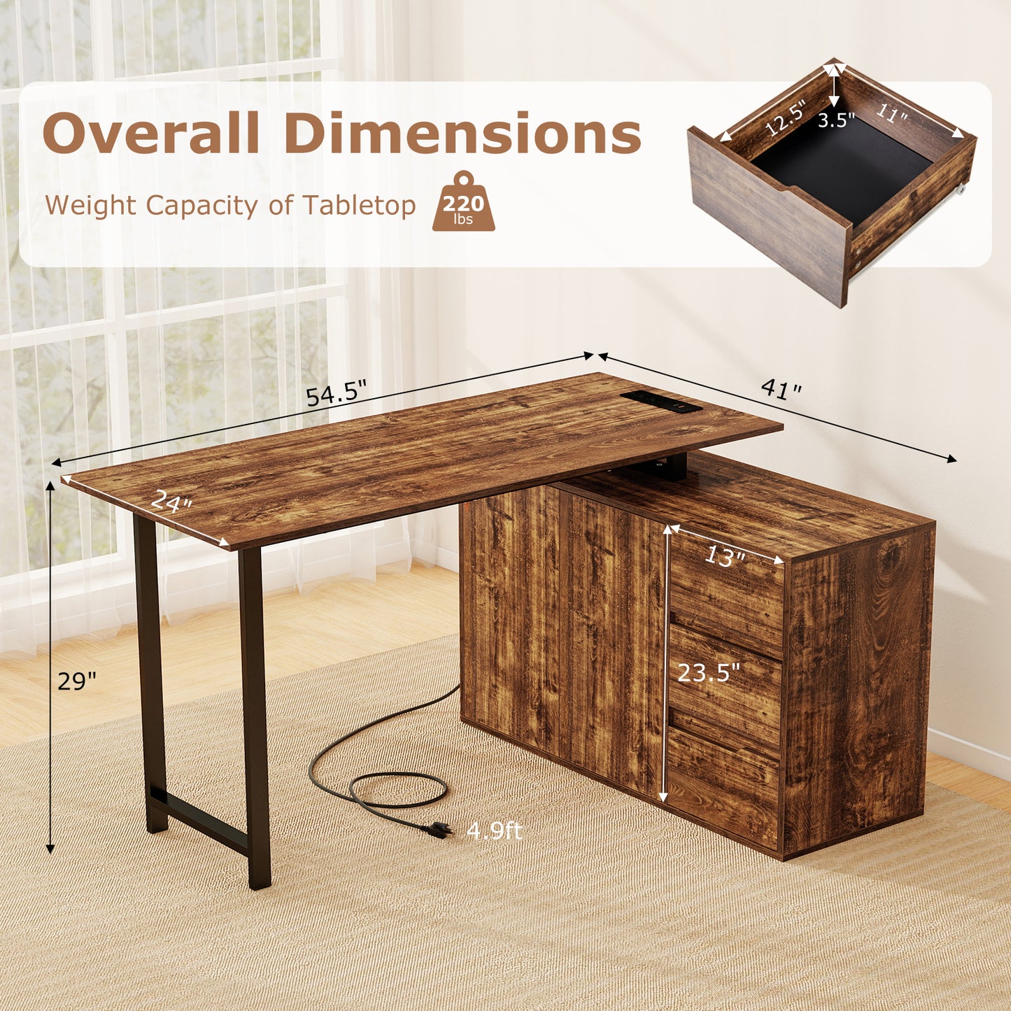 Patiojoy L-Shaped Desk with File Cabinet & Power Outlet 54.5 Inch Reversible Corner Computer Desk with 3 Drawers