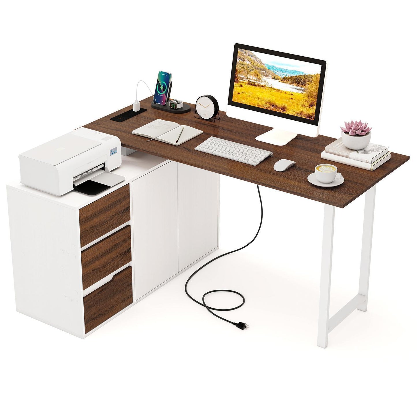 Patiojoy L-Shaped Desk with File Cabinet & Power Outlet 54.5 Inch Reversible Corner Computer Desk with 3 Drawers
