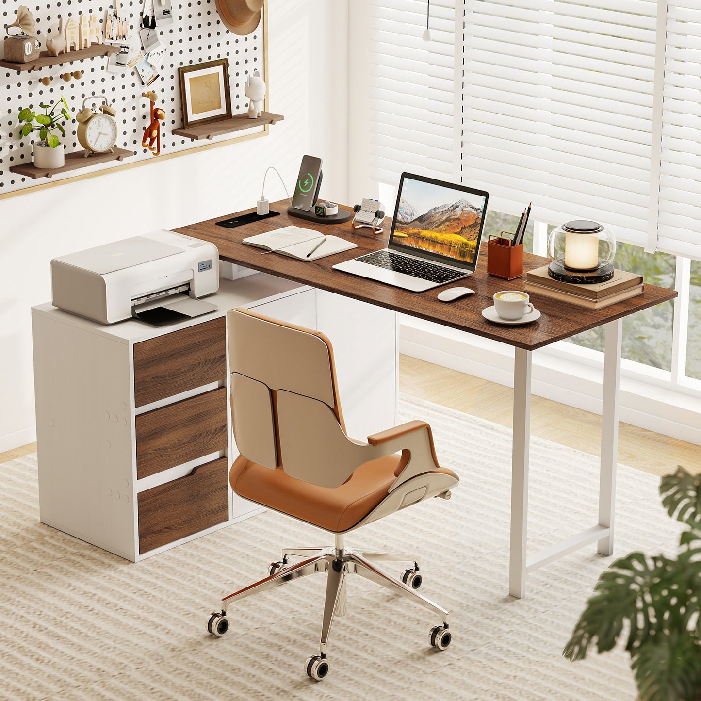 Patiojoy L-Shaped Desk with File Cabinet & Power Outlet 54.5 Inch Reversible Corner Computer Desk with 3 Drawers