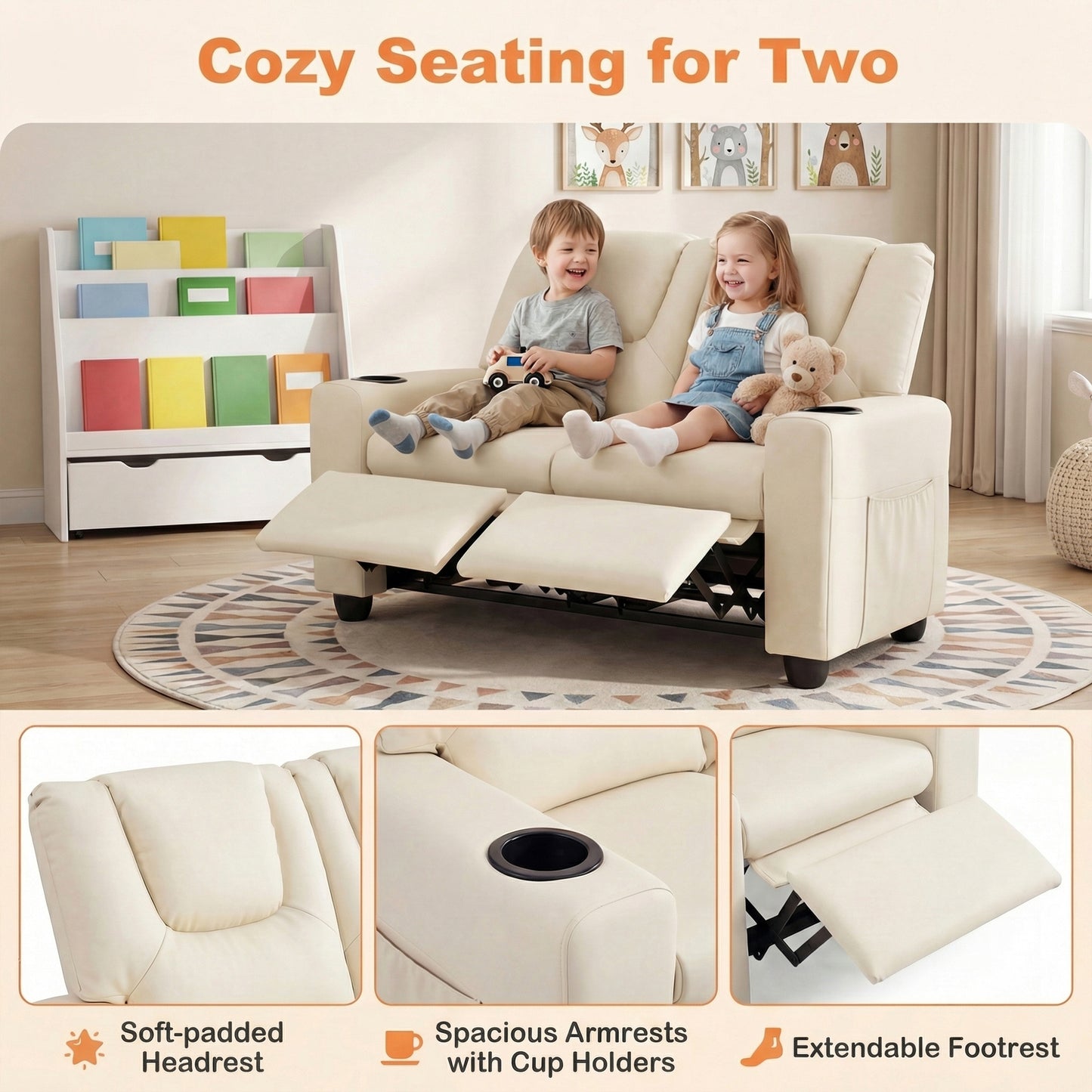 Patiojoy 2-Seater Kids Recliner Chair Double Toddler Loveseat Sofa with 2 Cup Holders and 2 Side Pockets