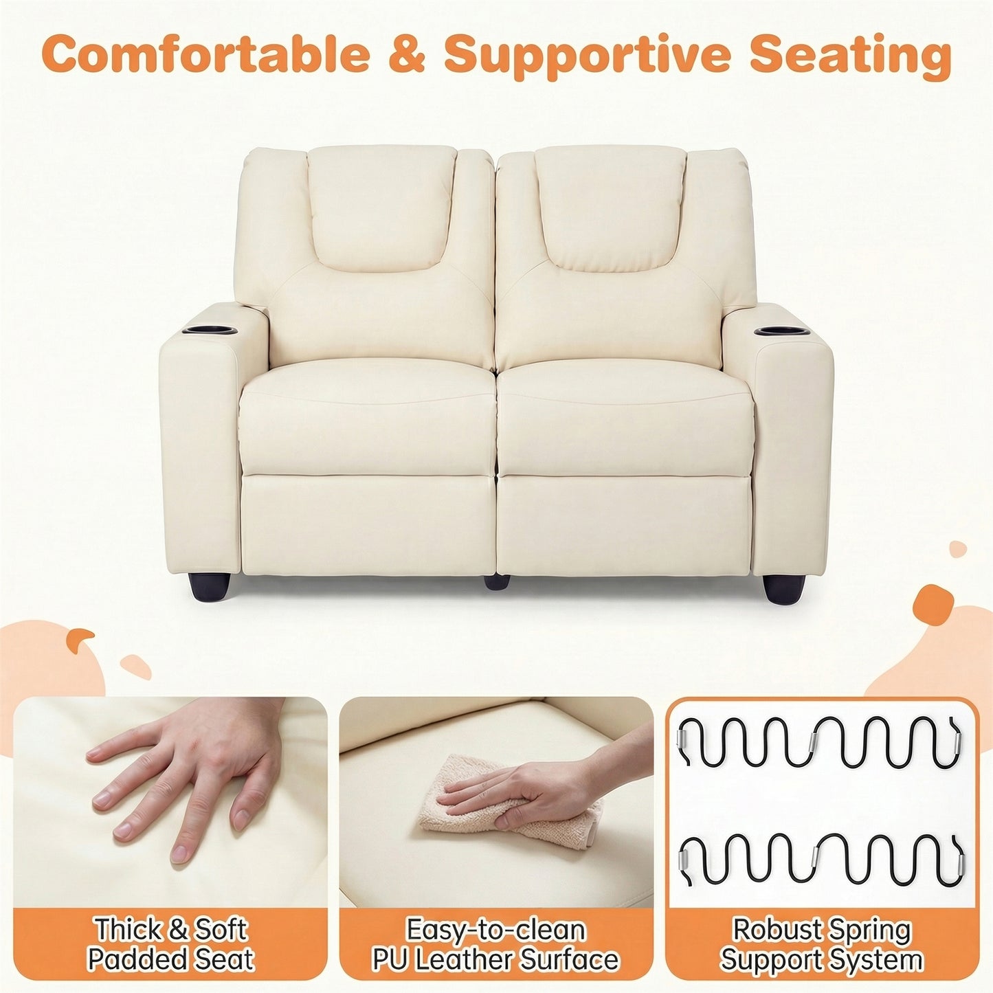Patiojoy 2-Seater Kids Recliner Chair Double Toddler Loveseat Sofa with 2 Cup Holders and 2 Side Pockets