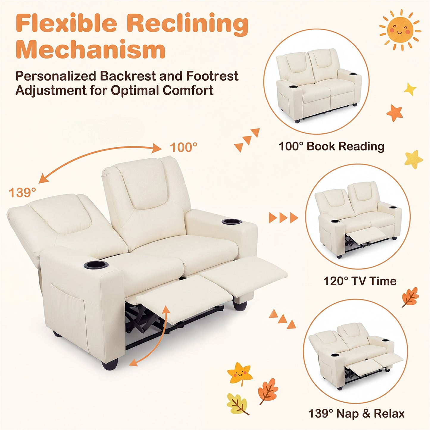Patiojoy 2-Seater Kids Recliner Chair Double Toddler Loveseat Sofa with 2 Cup Holders and 2 Side Pockets