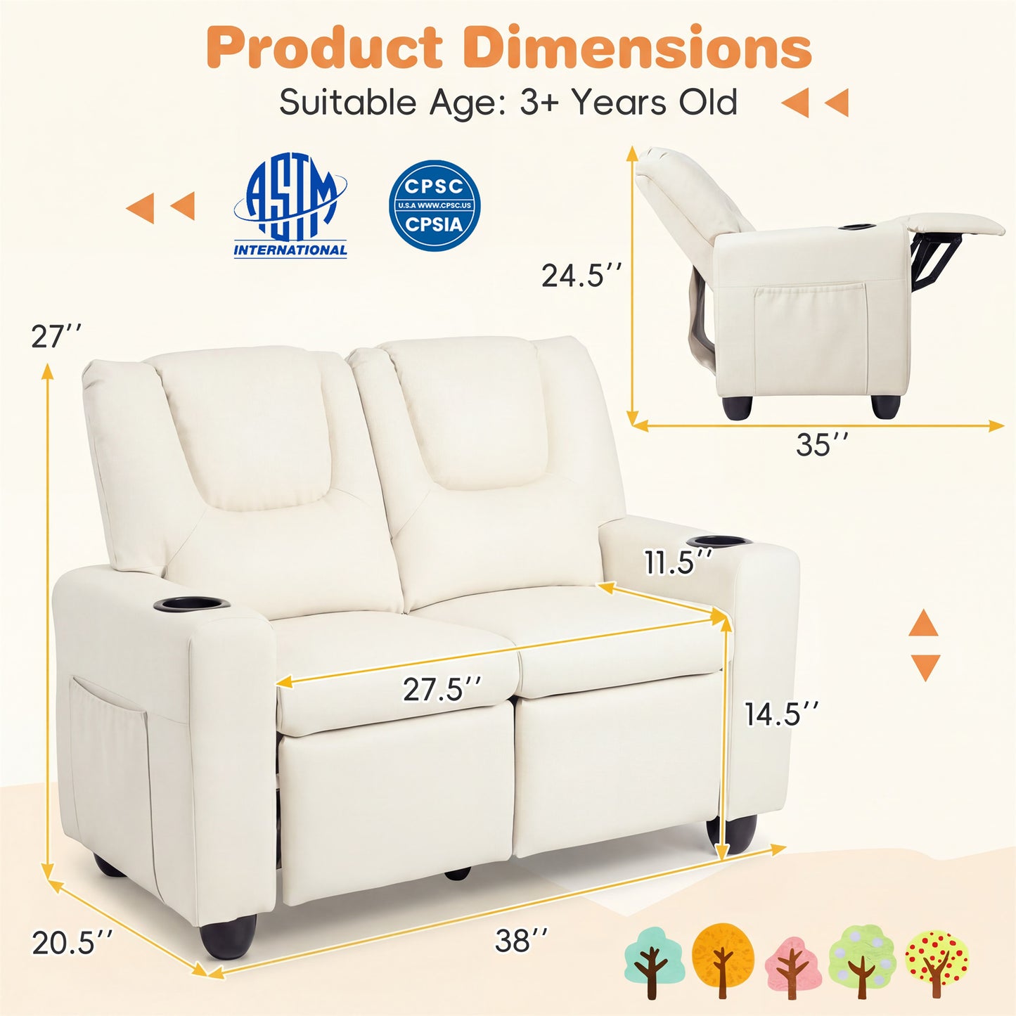 Patiojoy 2-Seater Kids Recliner Chair Double Toddler Loveseat Sofa with 2 Cup Holders and 2 Side Pockets