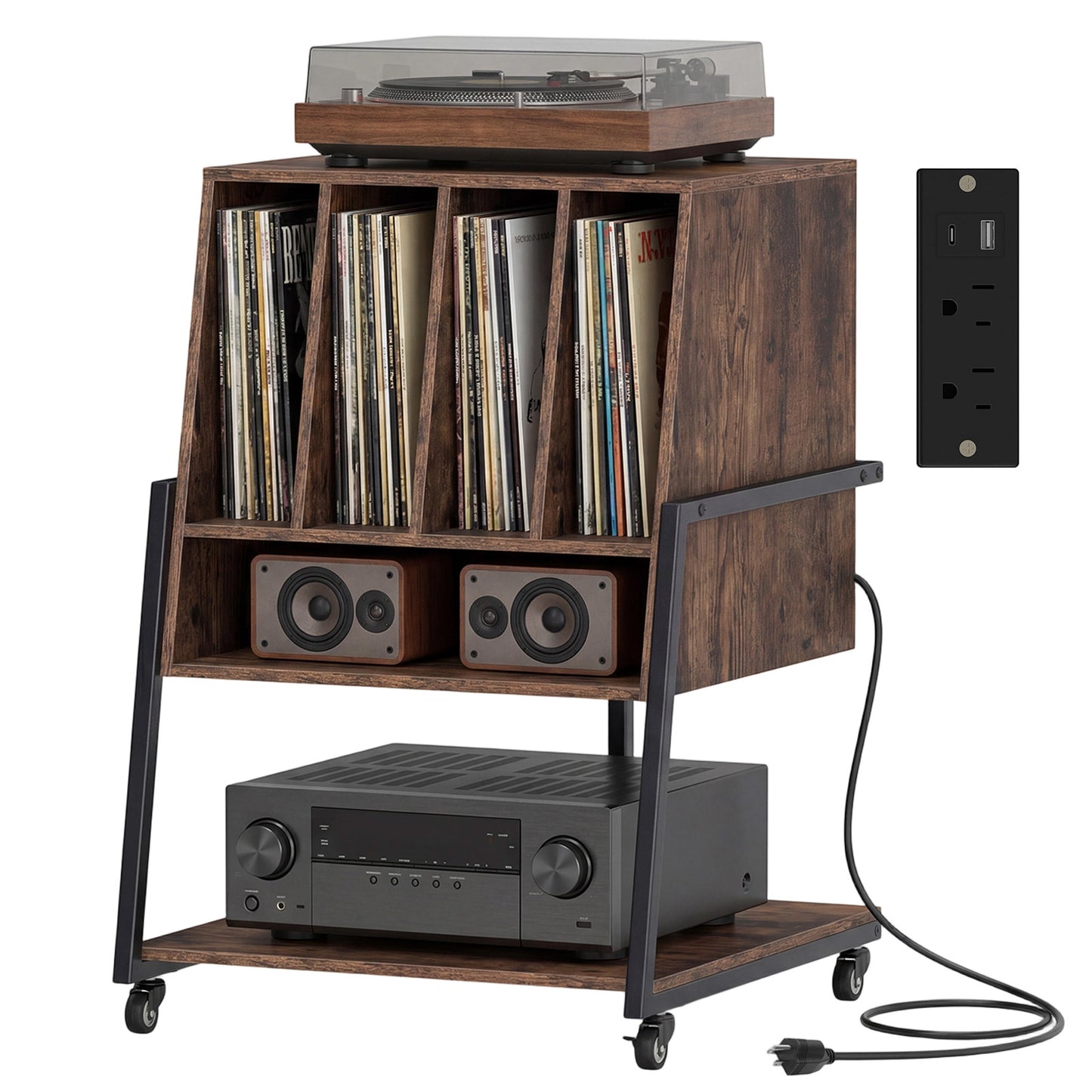 Patiojoy Record Player Stand with Charging Station Vinyl Record Storage Organizer with Dividers & Open Shelves