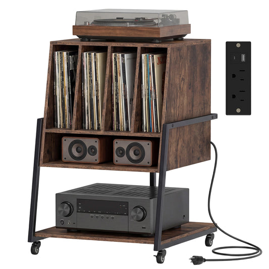 Patiojoy Record Player Stand with Charging Station Vinyl Record Storage Organizer with Dividers & Open Shelves