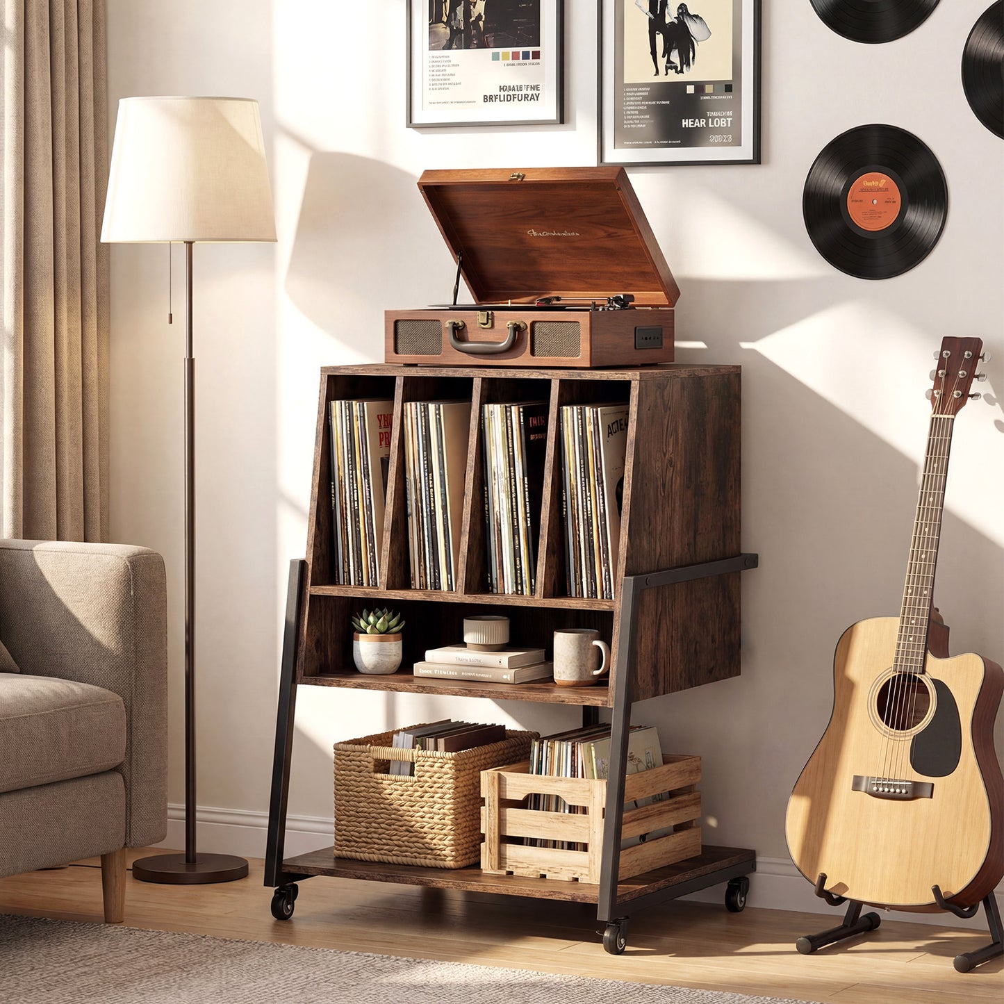 Patiojoy Record Player Stand with Charging Station Vinyl Record Storage Organizer with Dividers & Open Shelves