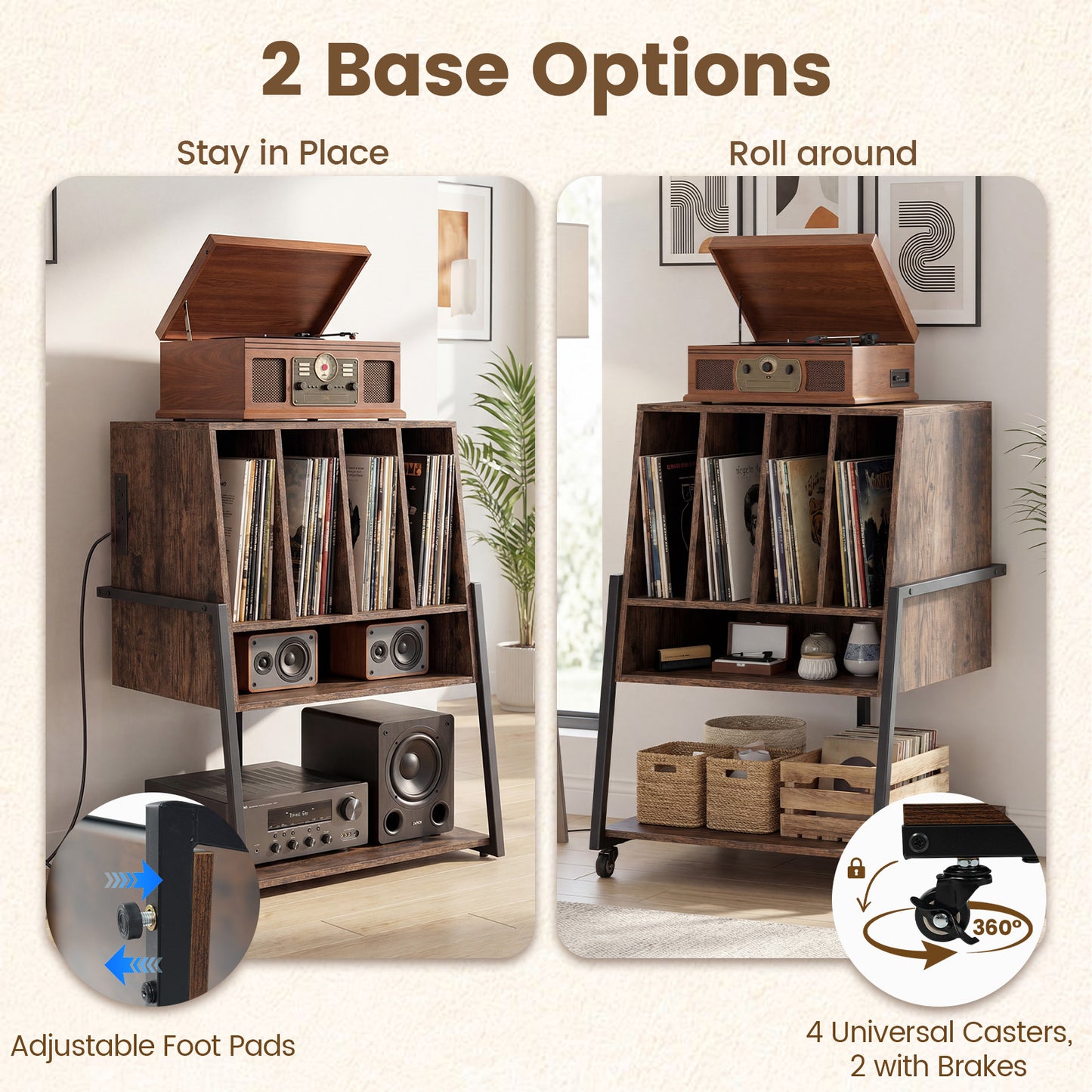 Patiojoy Record Player Stand with Charging Station Vinyl Record Storage Organizer with Dividers & Open Shelves