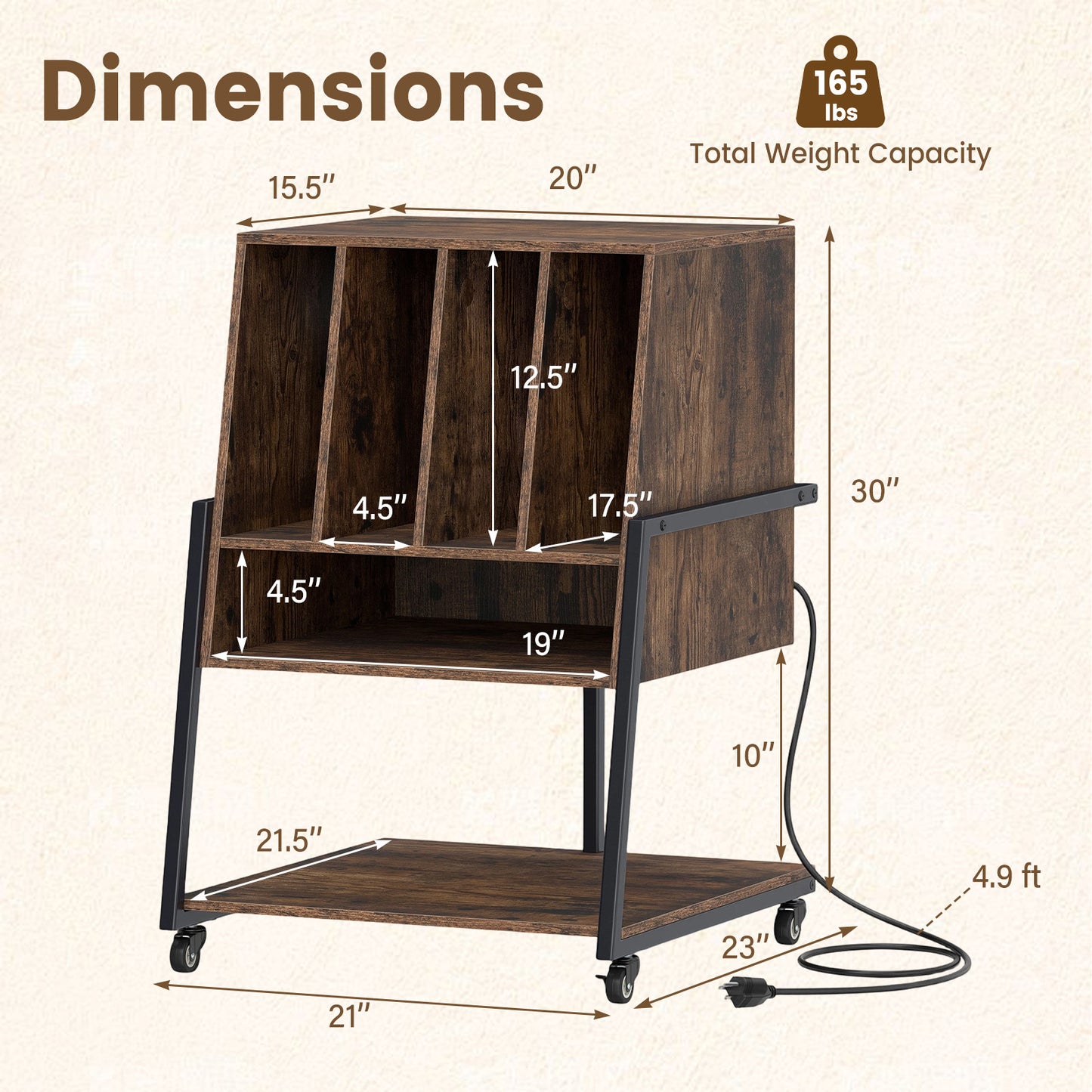 Patiojoy Record Player Stand with Charging Station Vinyl Record Storage Organizer with Dividers & Open Shelves