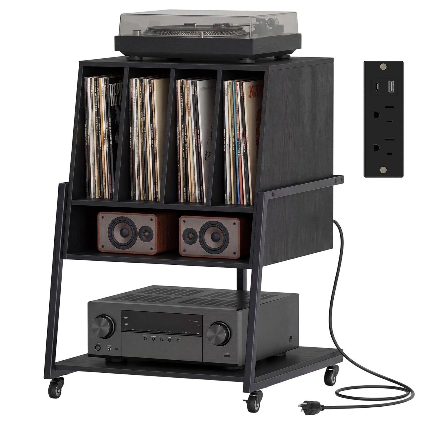Patiojoy Record Player Stand with Charging Station Vinyl Record Storage Organizer with Dividers & Open Shelves