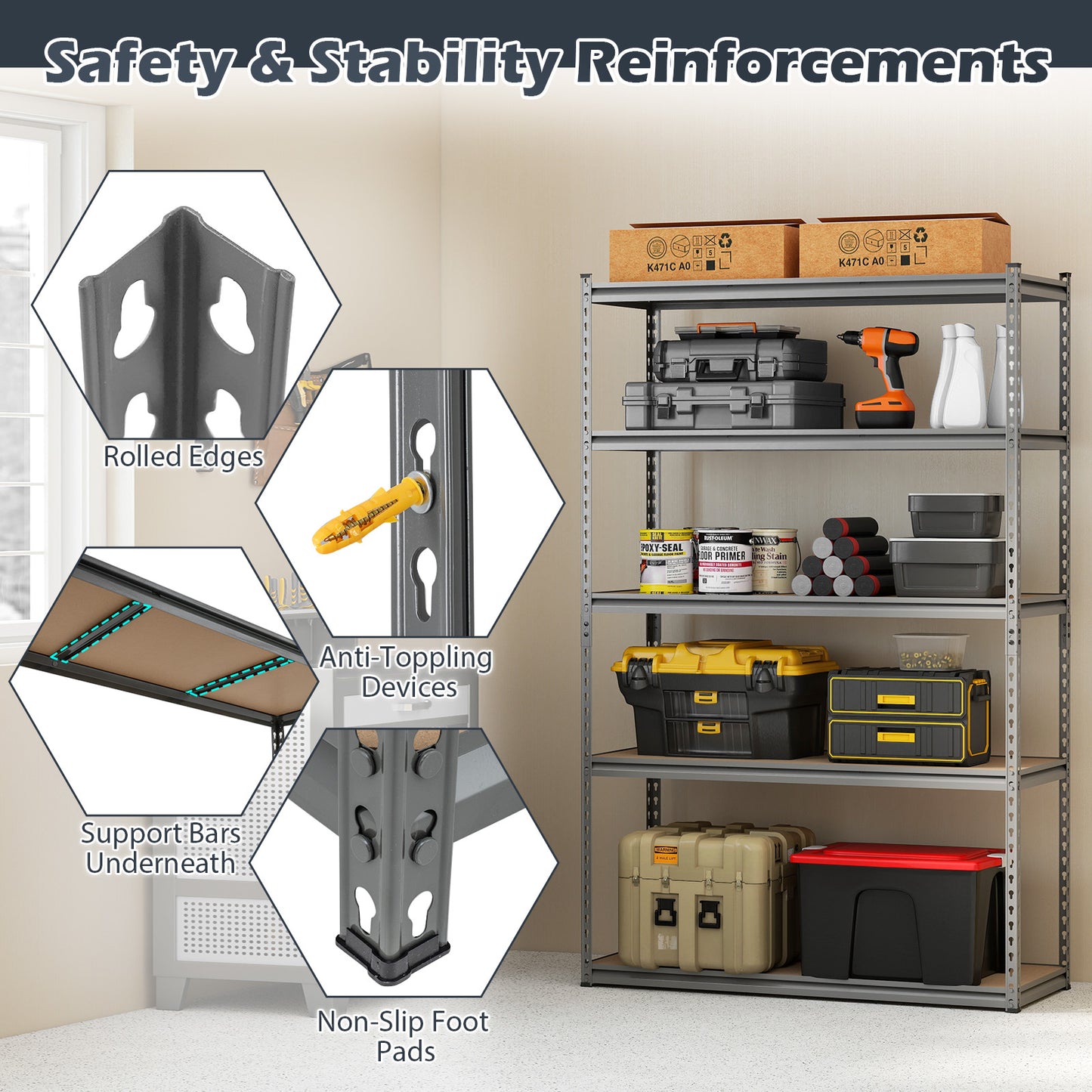 Patiojoy 5-Tier Heavy Duty Garage Shelving Unit 48" W x 18" D x 72" H Metal Storage Organizer Rack