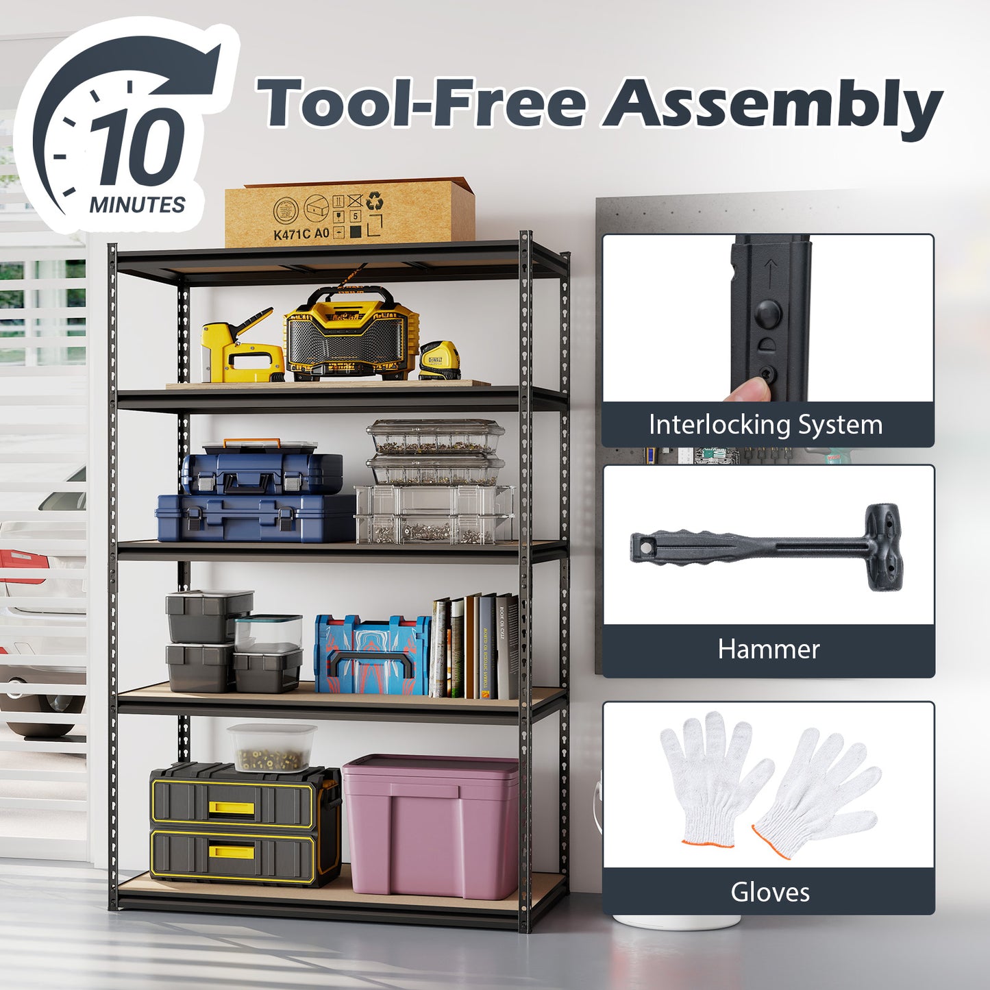 Patiojoy 5-Tier Heavy Duty Garage Shelving Unit 48" W x 24" D x 72" H Bolt-Free Assembly
