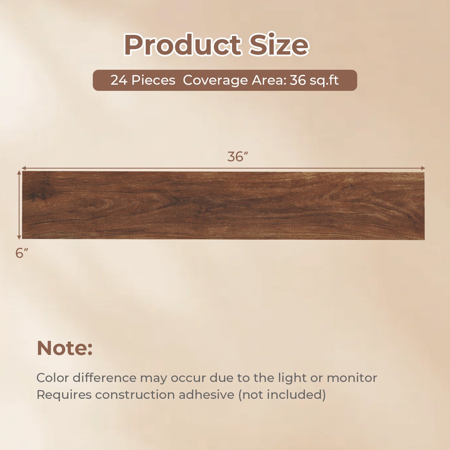Patiojoy 24/48-Pack Floor Tiles Waterproof Vinyl Flooring 36" x 6" Long Wood Grain Planks