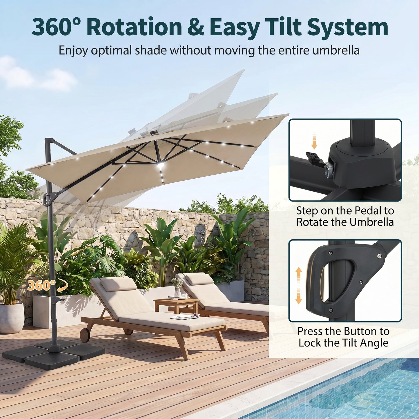 Patiojoy 10 FT Square Cantilever Patio Umbrella with Solar LED Lighting