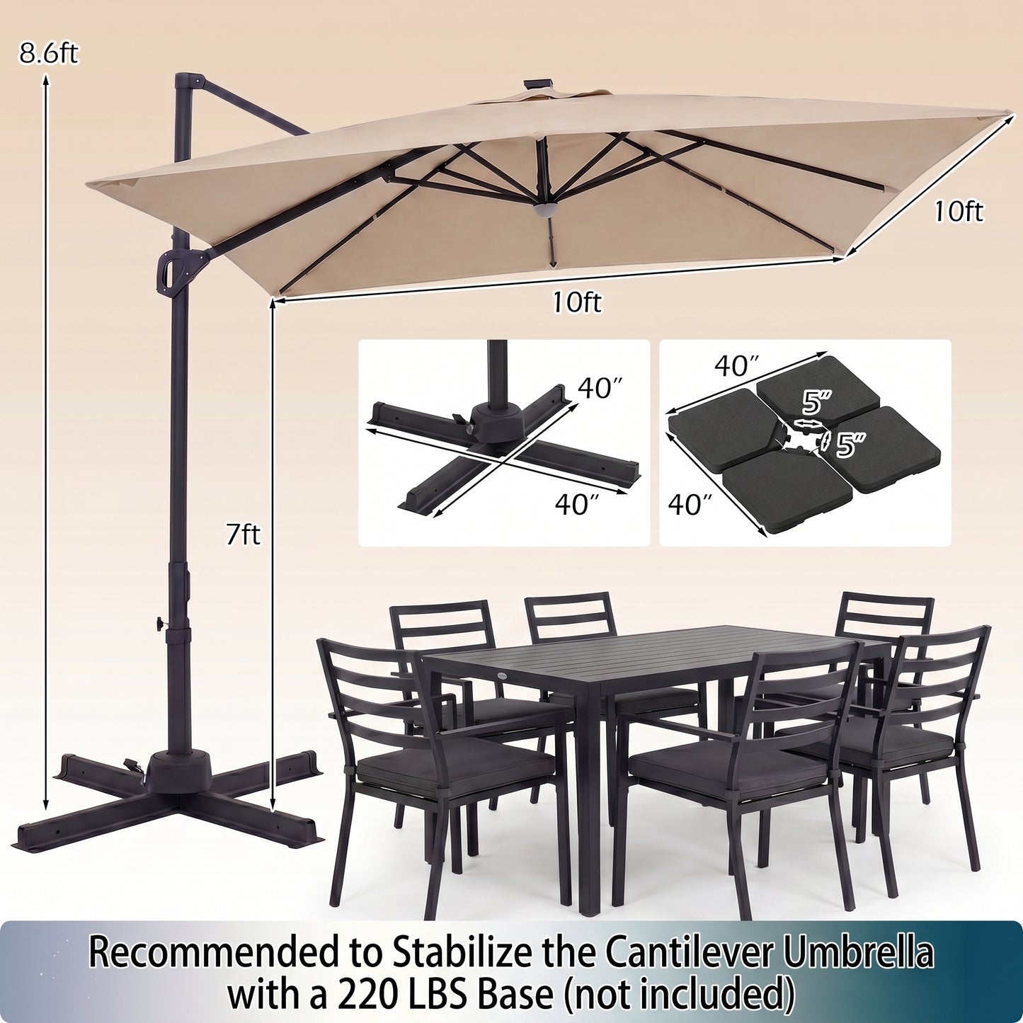 Patiojoy 10 FT Square Cantilever Patio Umbrella with Solar LED Lighting