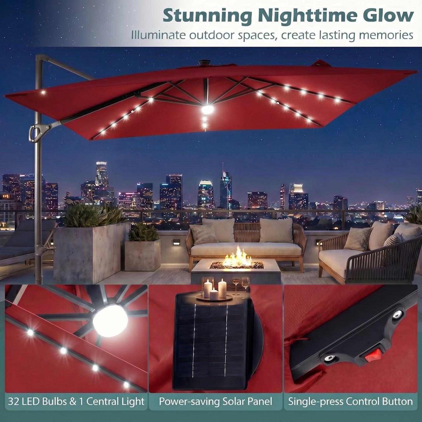 Patiojoy 10 FT Square Cantilever Patio Umbrella with Solar LED Lighting Wine/Navy Blue/Tan/Gray/Beige