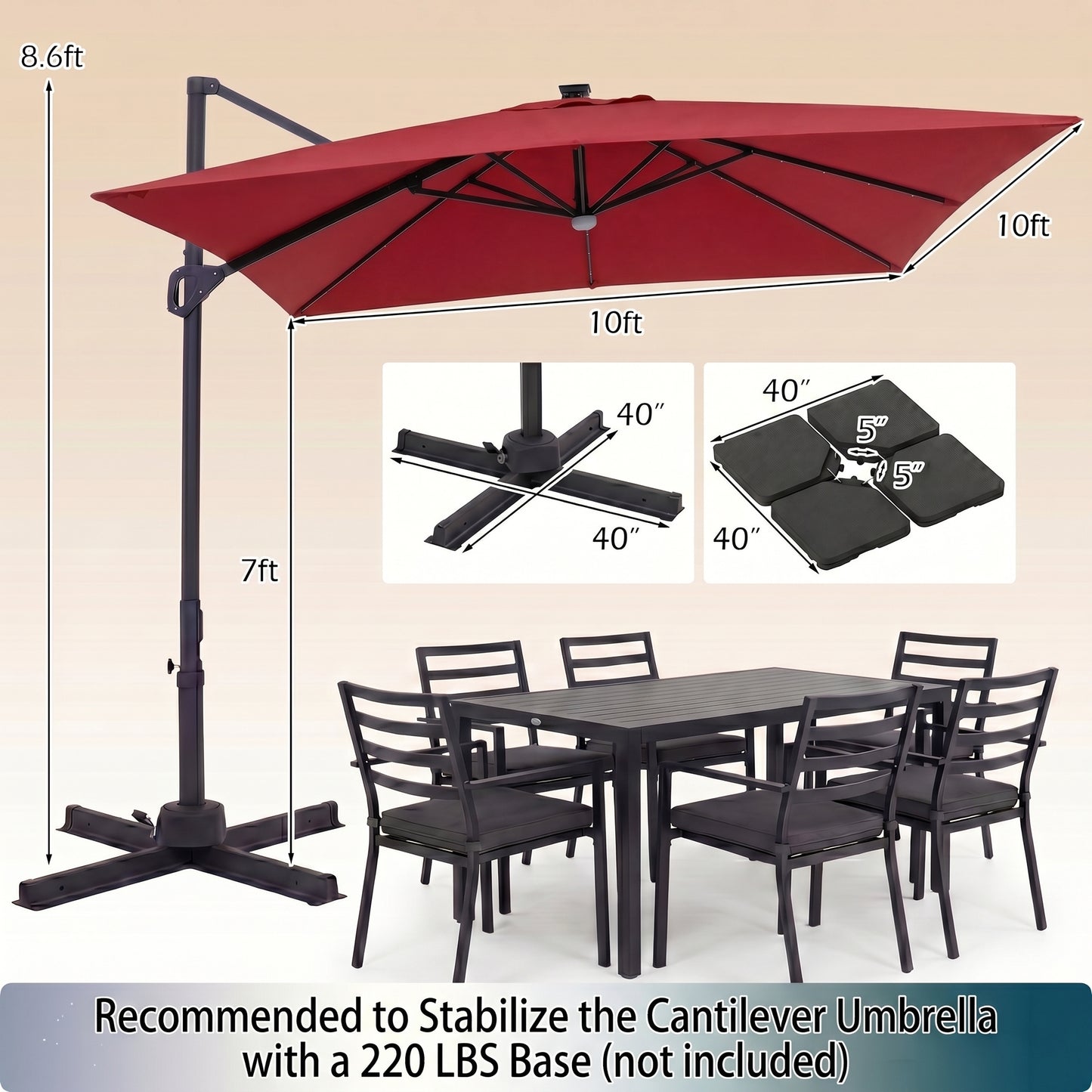 Patiojoy 10 FT Square Cantilever Patio Umbrella with Solar LED Lighting Wine/Navy Blue/Tan/Gray/Beige