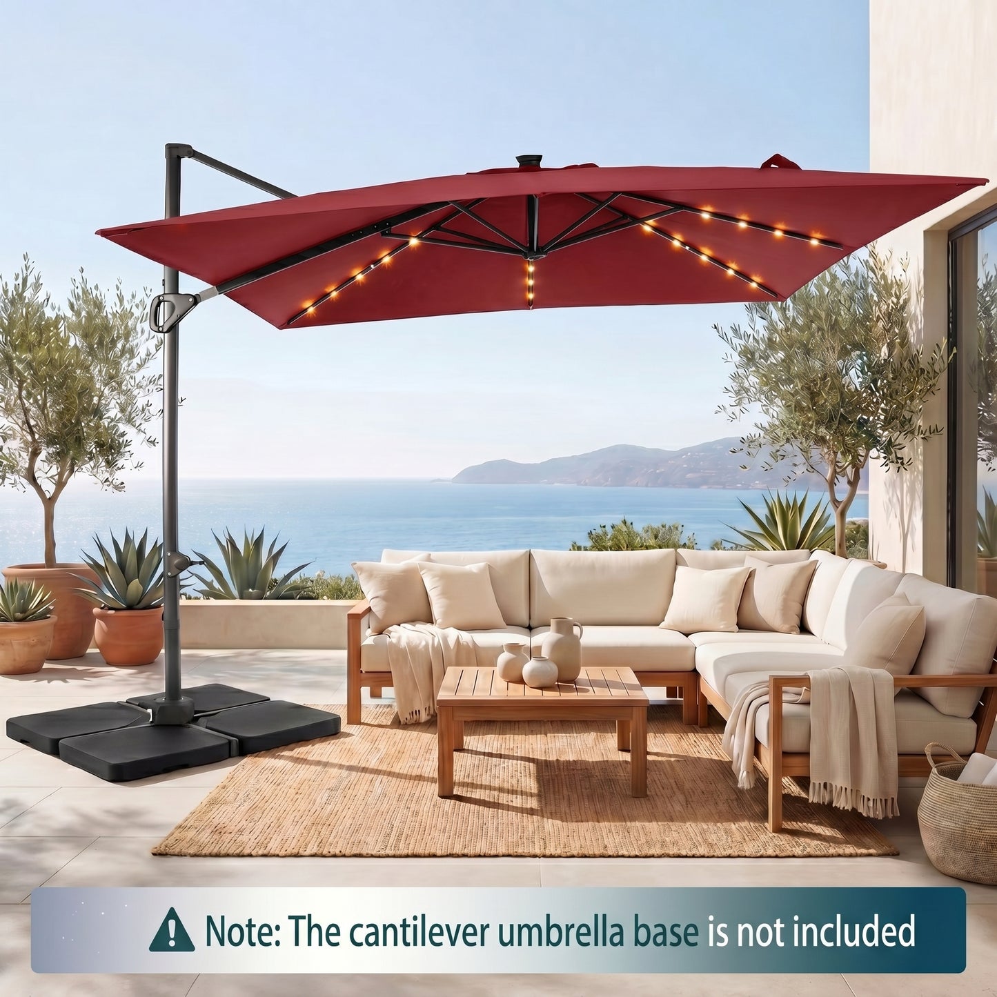 Patiojoy 10 FT Square Cantilever Patio Umbrella with Solar LED Lighting Wine/Navy Blue/Tan/Gray/Beige