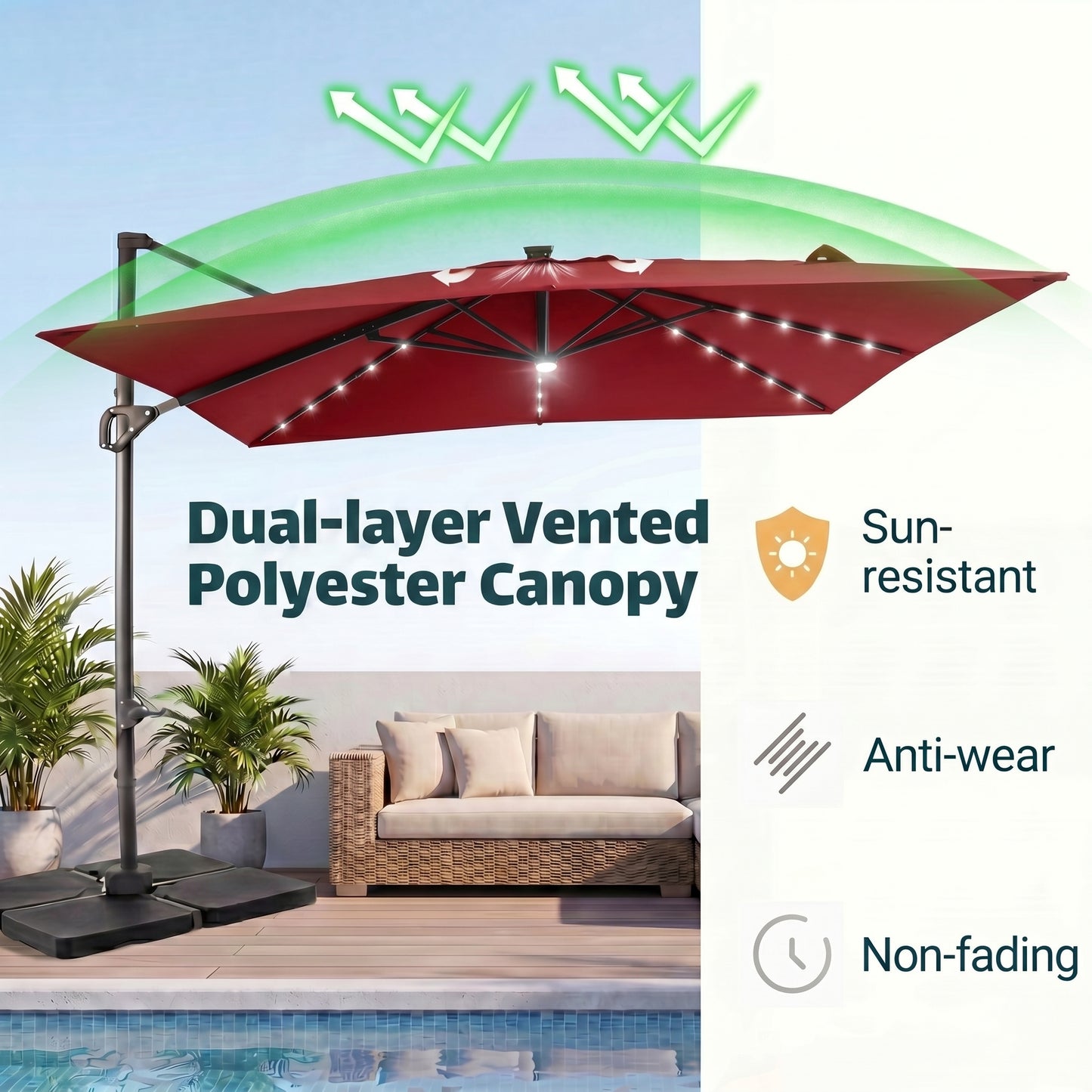 Patiojoy 10 FT Square Cantilever Patio Umbrella with Solar LED Lighting Wine/Navy Blue/Tan/Gray/Beige