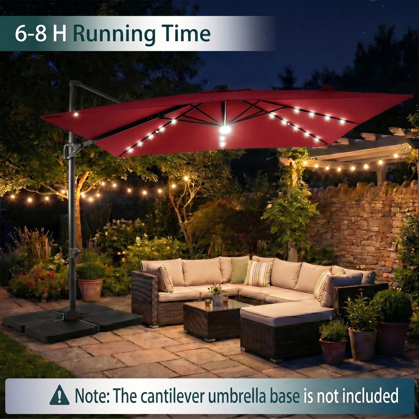 Patiojoy 10 FT Square Cantilever Patio Umbrella with Solar LED Lighting Wine/Navy Blue/Tan/Gray/Beige