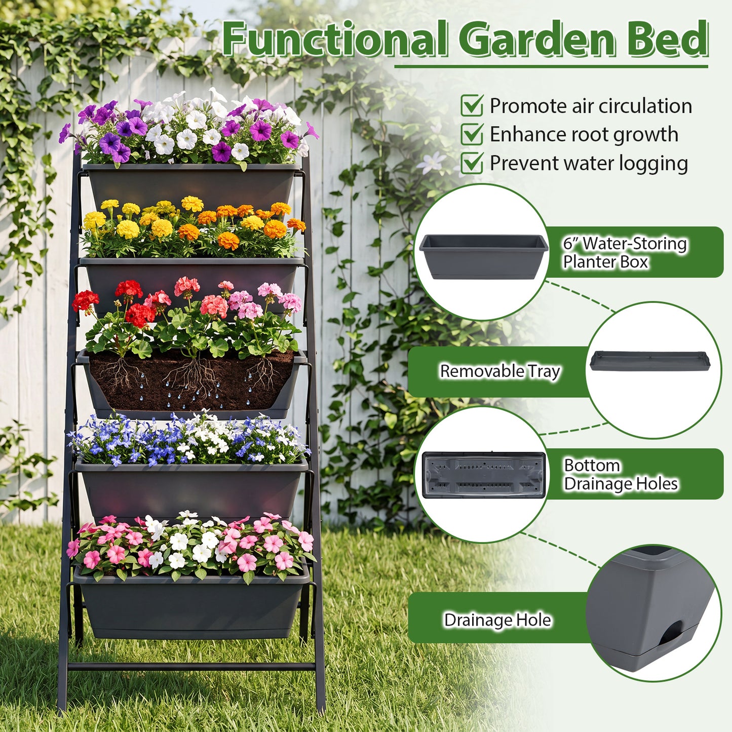 Patiojoy 2PCS 5-Tier Vertical Garden Planter Elevated Raised Garden Bed w/Metal Construction & Drainage System