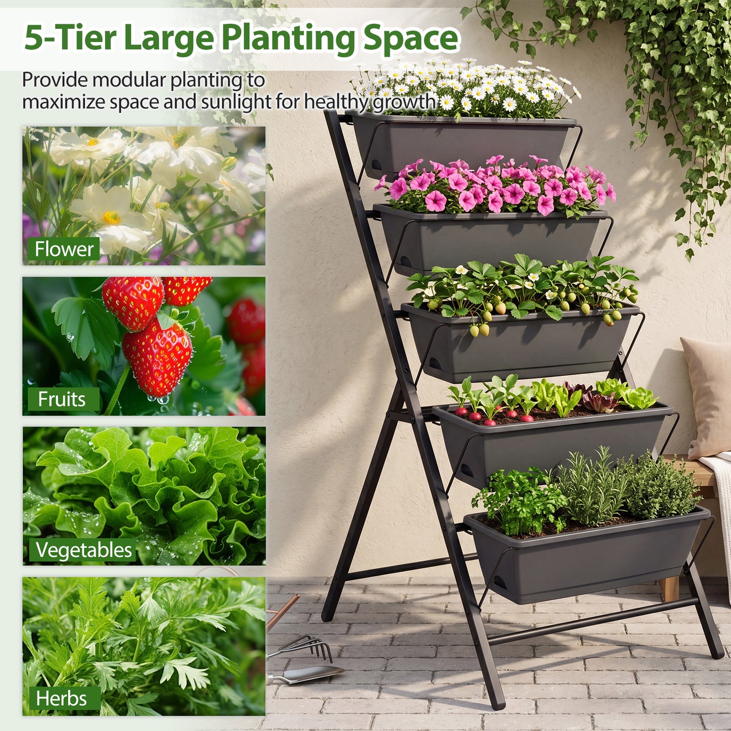 Patiojoy 2PCS 5-Tier Vertical Garden Planter Elevated Raised Garden Bed w/Metal Construction & Drainage System