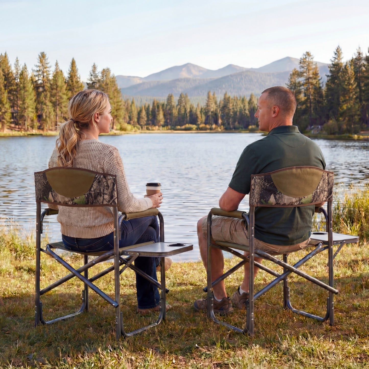 Patiojoy 2PCS Portable Camping Chair Folding Outdoor Lawn Chair with Side Table and Cup Holder Camouflage/Blue/Black