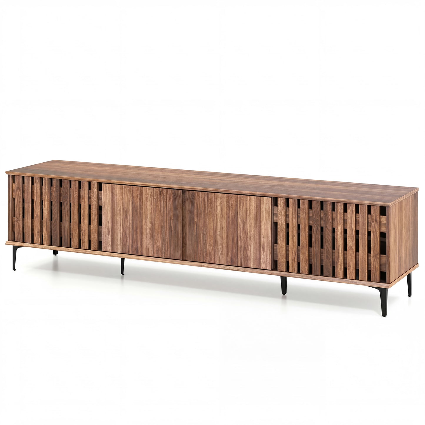 Patiojoy 4-Door TV Stand for 80 Inches TVs Mid Century Modern Entertainment Center with Adjustable Storage Shelves Walnut