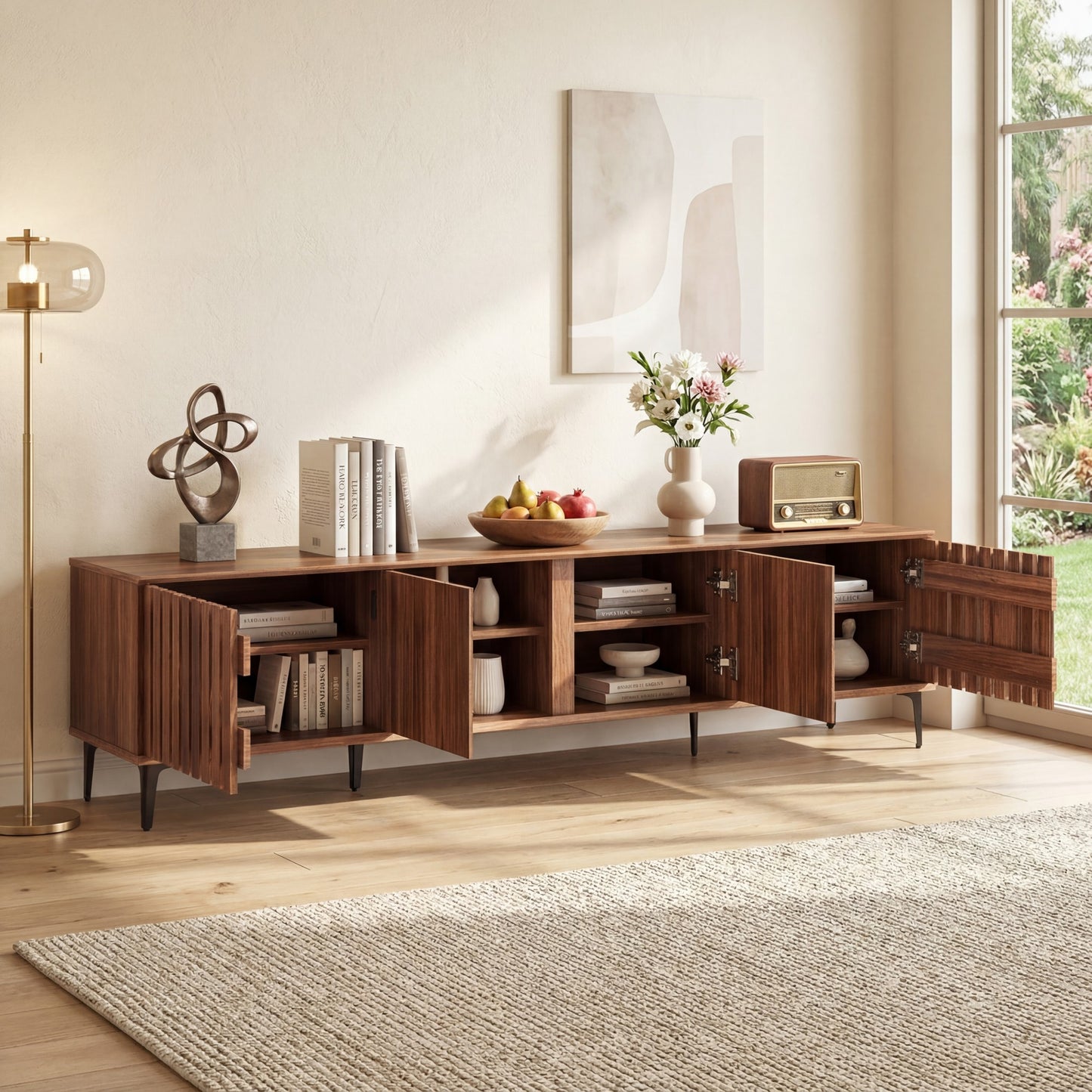 Patiojoy 4-Door TV Stand for 80 Inches TVs Mid Century Modern Entertainment Center with Adjustable Storage Shelves Walnut