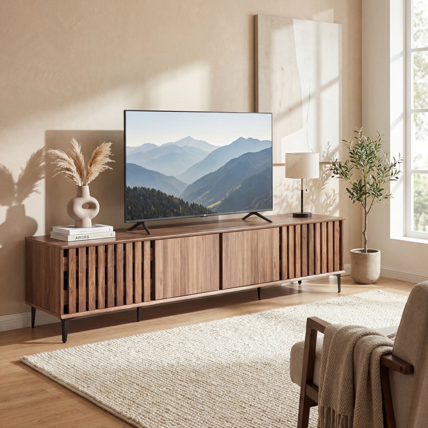 Patiojoy 4-Door TV Stand for 80 Inches TVs Mid Century Modern Entertainment Center with Adjustable Storage Shelves Walnut