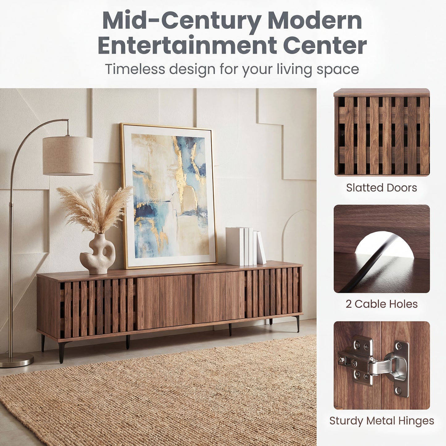 Patiojoy 4-Door TV Stand for 80 Inches TVs Mid Century Modern Entertainment Center with Adjustable Storage Shelves Walnut