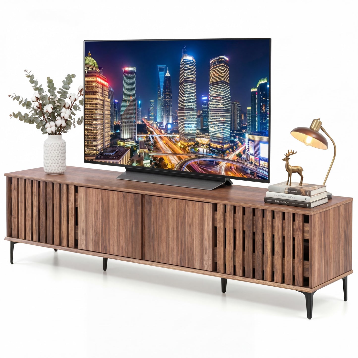 Patiojoy 4-Door TV Stand for 80 Inches TVs Mid Century Modern Entertainment Center with Adjustable Storage Shelves Walnut