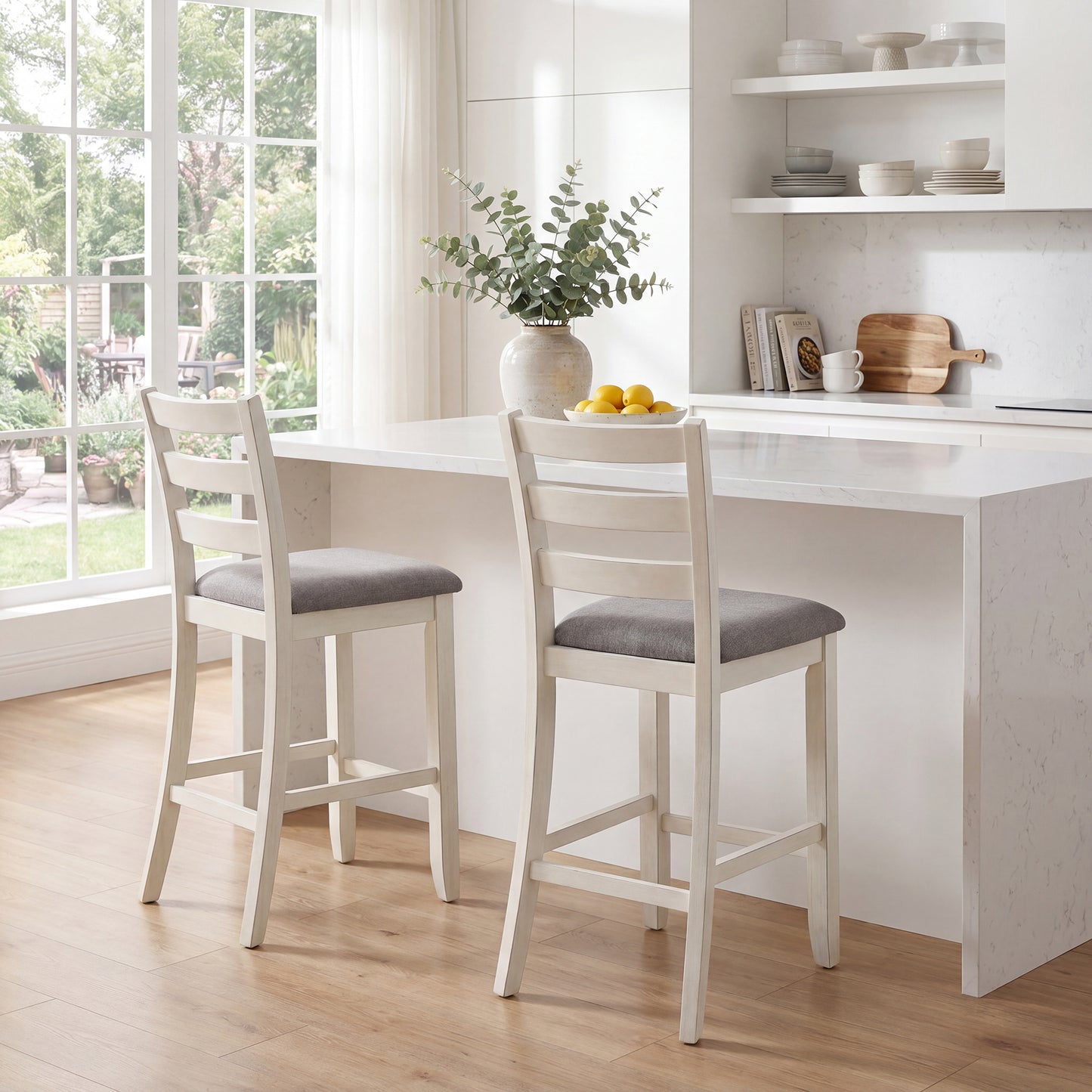 Patiojoy Counter Height Bar Stools Set of 2/4 Farmhouse Upholstered Wooden Bar Chairs with Backrest  Beige