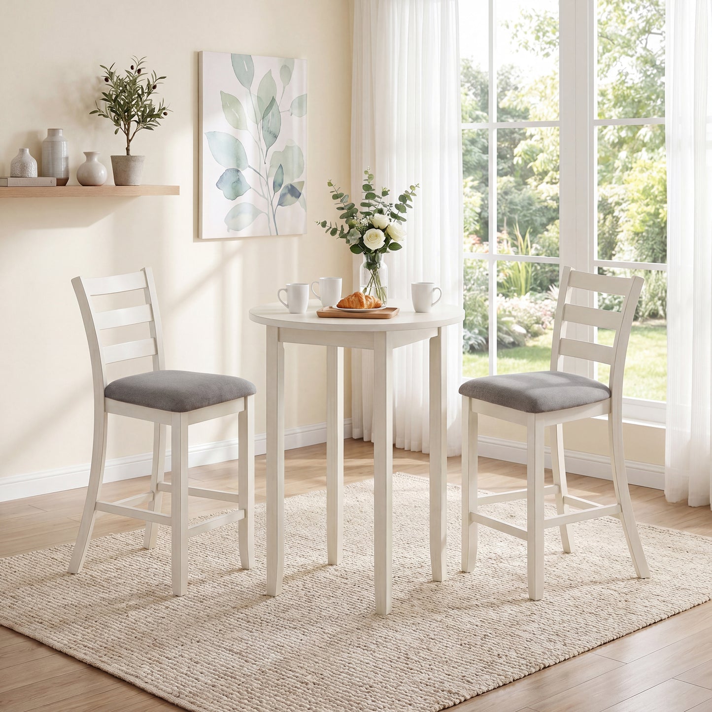 Patiojoy Counter Height Bar Stools Set of 2/4 Farmhouse Upholstered Wooden Bar Chairs with Backrest  Beige