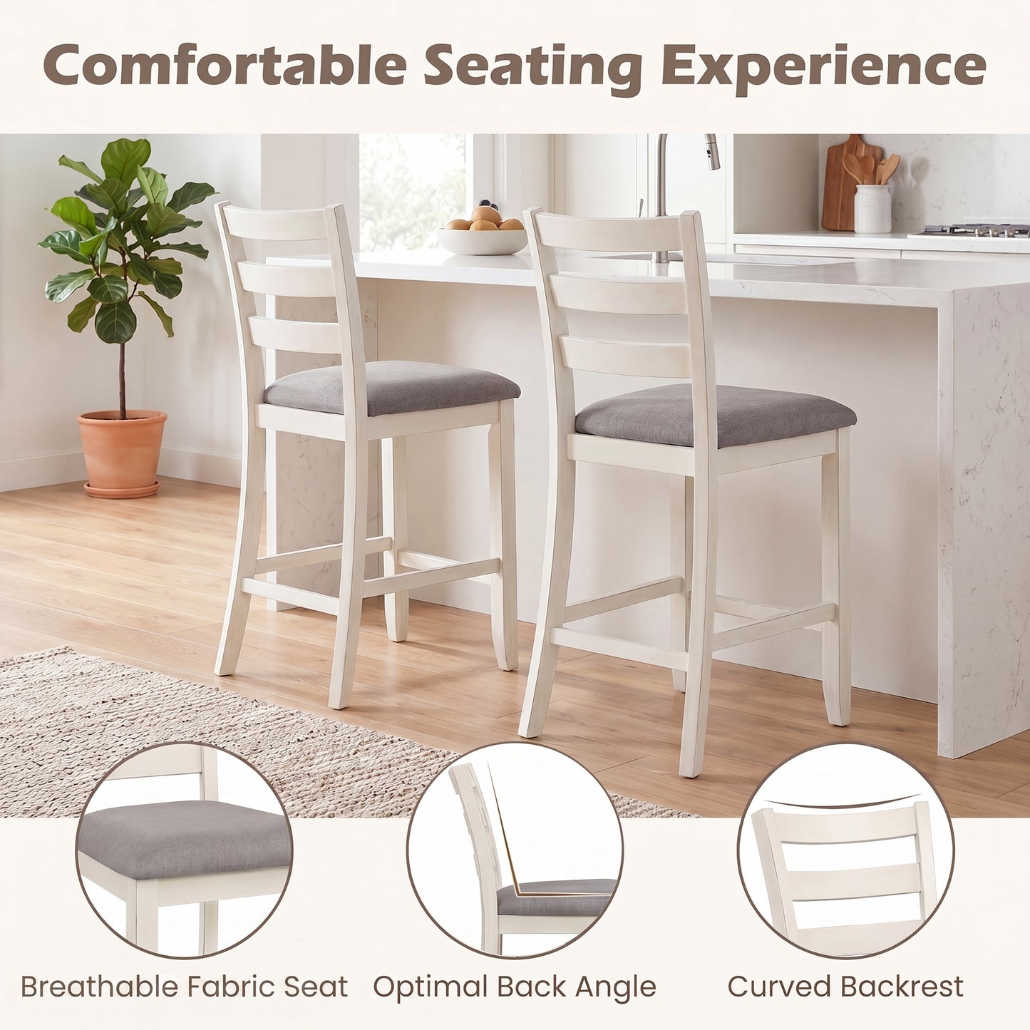 Patiojoy Counter Height Bar Stools Set of 2/4 Farmhouse Upholstered Wooden Bar Chairs with Backrest  Beige