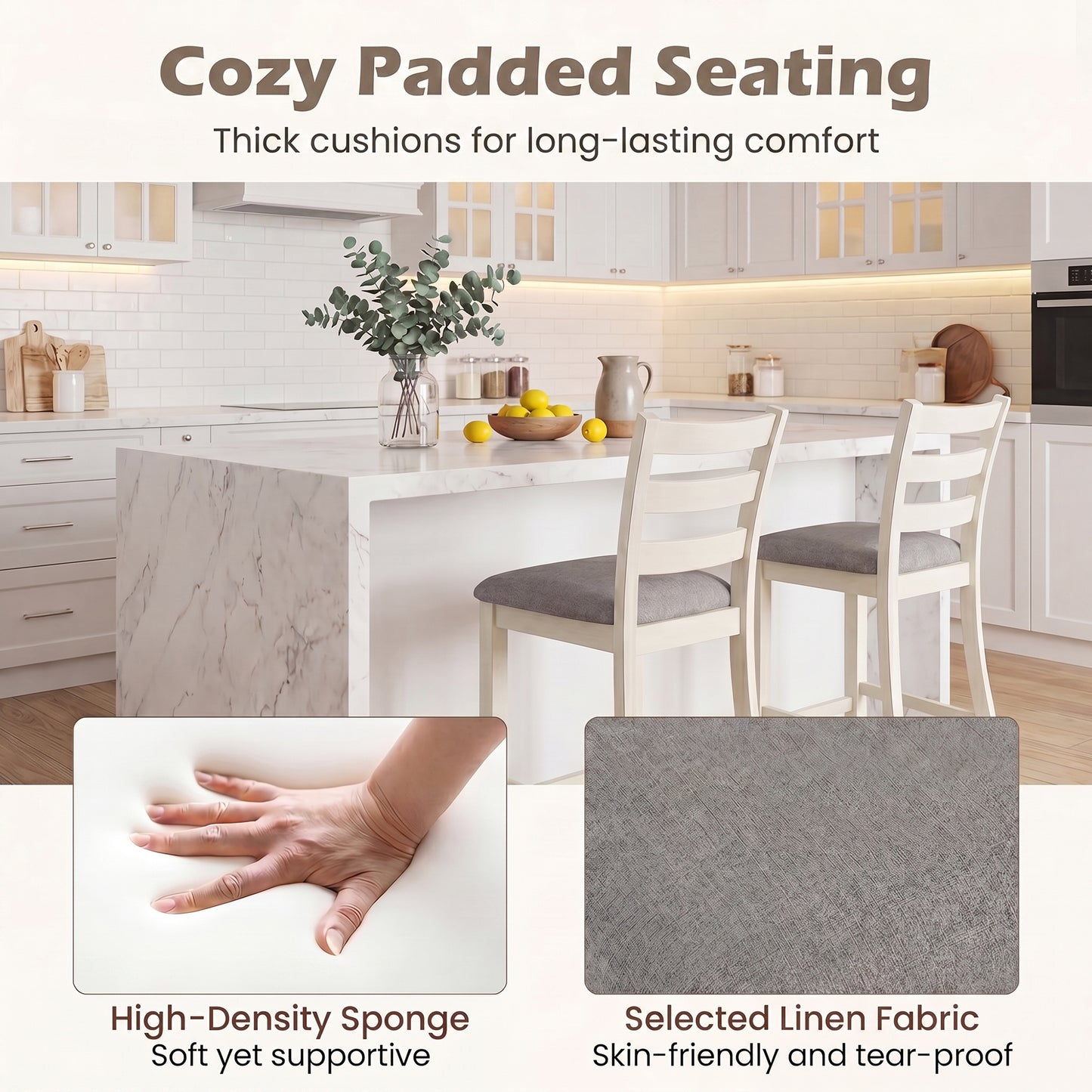 Patiojoy Counter Height Bar Stools Set of 2/4 Farmhouse Upholstered Wooden Bar Chairs with Backrest  Beige