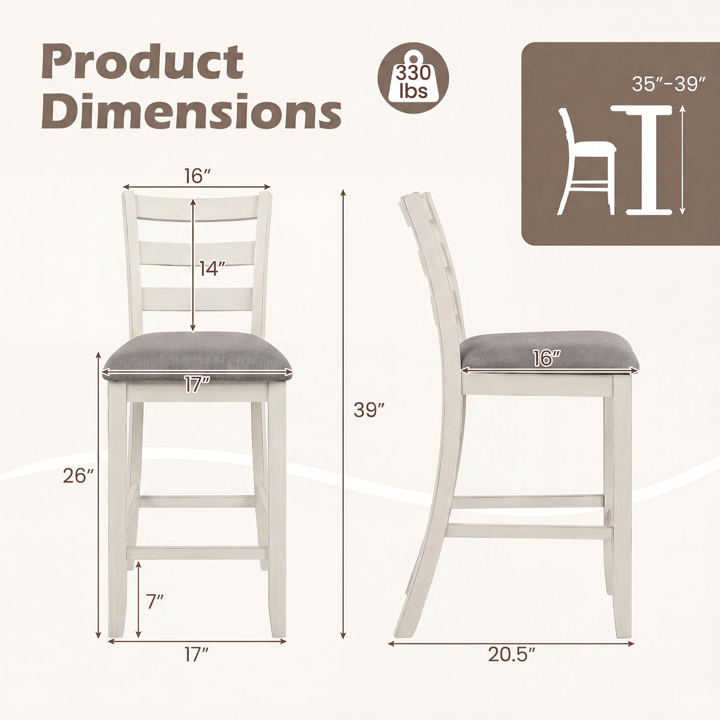 Patiojoy Counter Height Bar Stools Set of 2/4 Farmhouse Upholstered Wooden Bar Chairs with Backrest  Beige