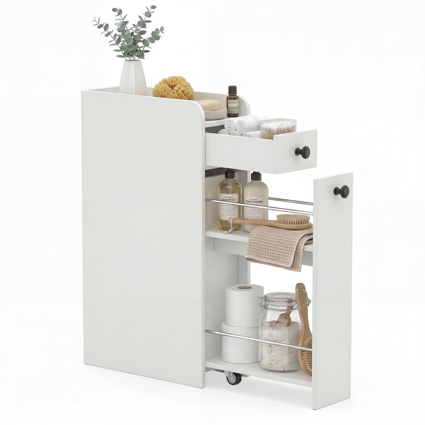 Patiojoy Narrow Bathroom Storage Cabinet Compact Floor Cabinet with Slide-Out Drawer Spacious Top White/Rustic Brown/Black
