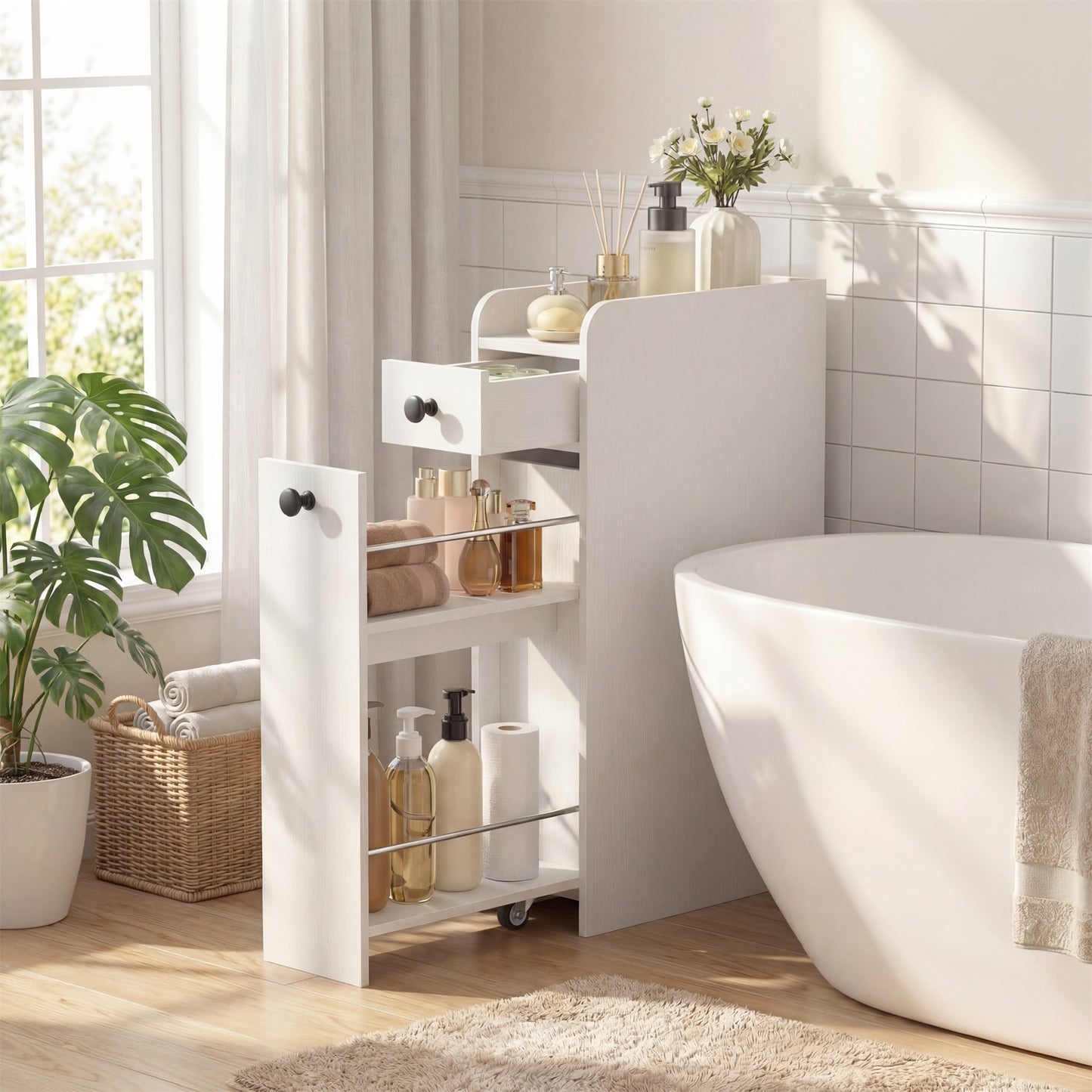 Patiojoy Narrow Bathroom Storage Cabinet Compact Floor Cabinet with Slide-Out Drawer Spacious Top White/Rustic Brown/Black