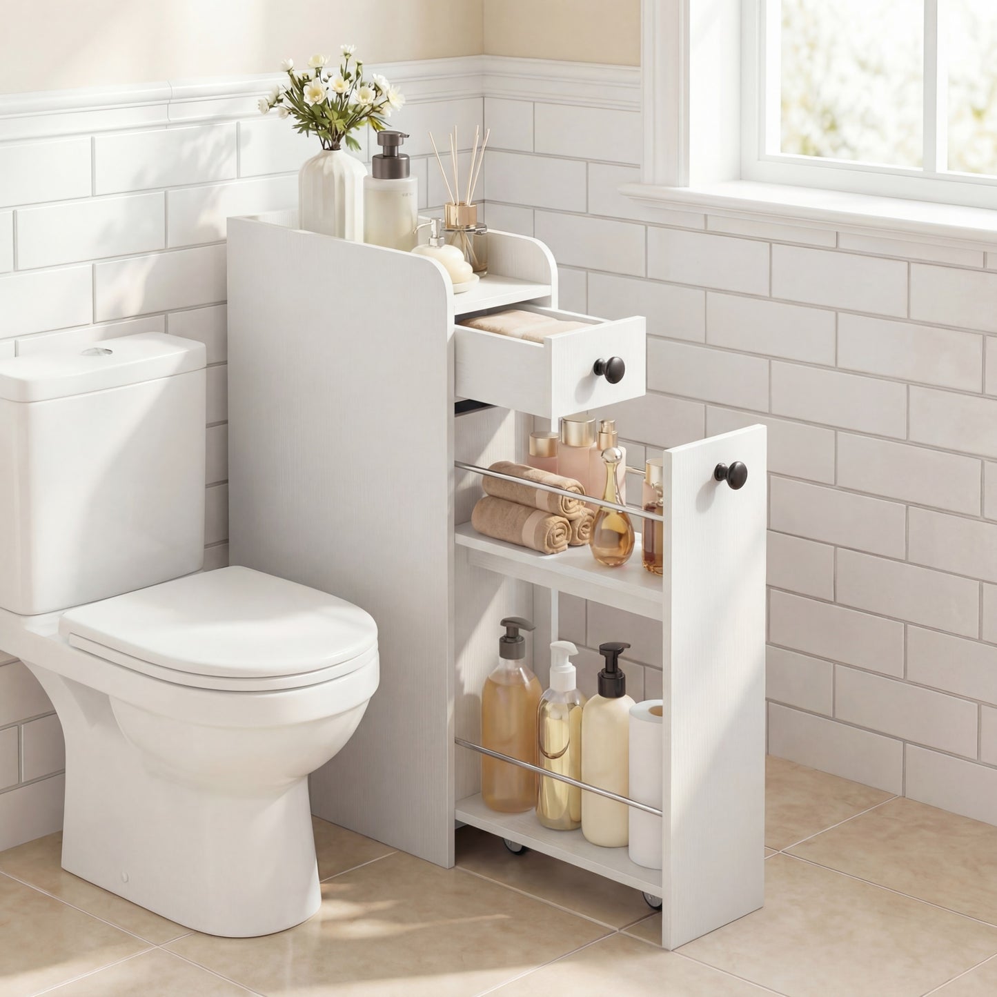 Patiojoy Narrow Bathroom Storage Cabinet Compact Floor Cabinet with Slide-Out Drawer Spacious Top White/Rustic Brown/Black