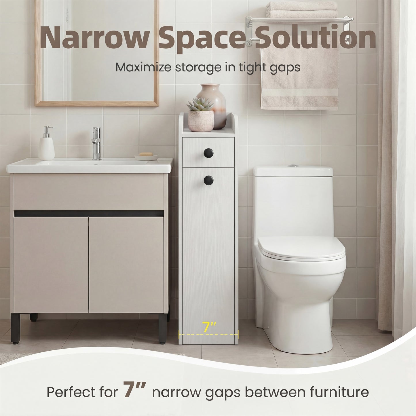 Patiojoy Narrow Bathroom Storage Cabinet Compact Floor Cabinet with Slide-Out Drawer Spacious Top White/Rustic Brown/Black