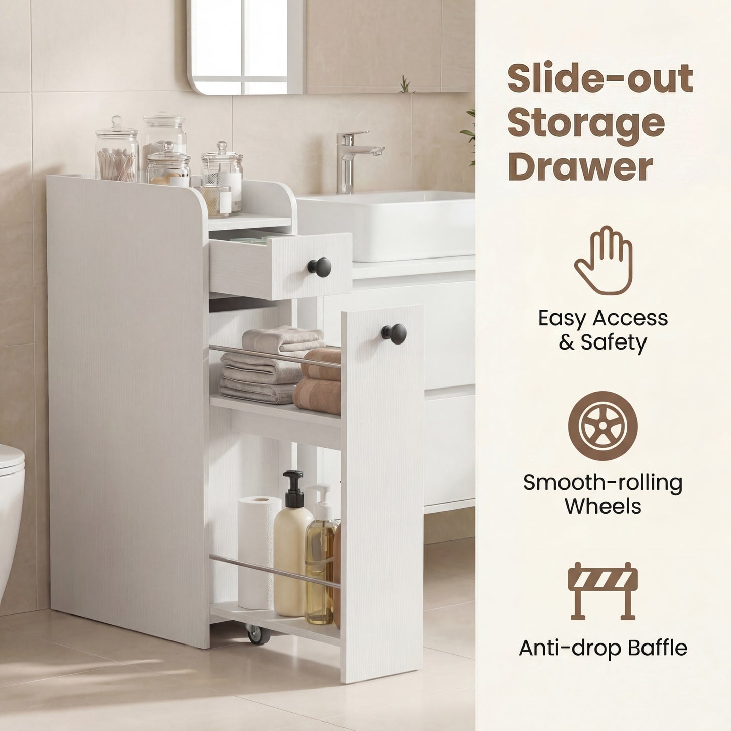 Patiojoy Narrow Bathroom Storage Cabinet Compact Floor Cabinet with Slide-Out Drawer Spacious Top White/Rustic Brown/Black