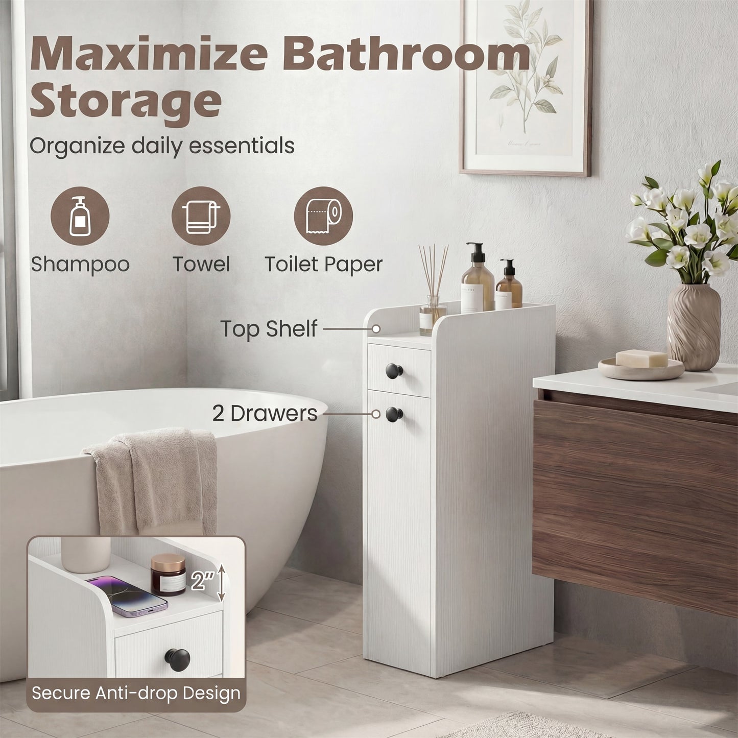 Patiojoy Narrow Bathroom Storage Cabinet Compact Floor Cabinet with Slide-Out Drawer Spacious Top White/Rustic Brown/Black